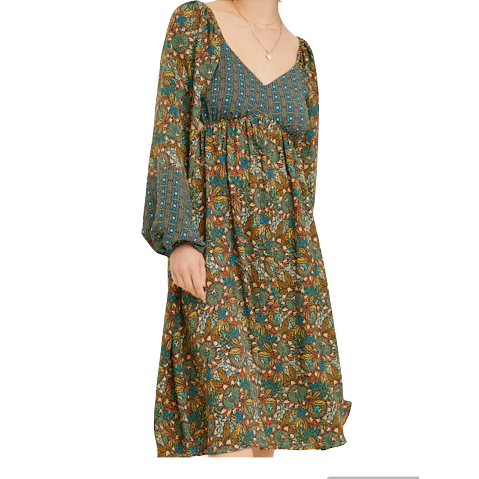 Teal Border Printed V Neck Midi Dress with Balloon Sleeves