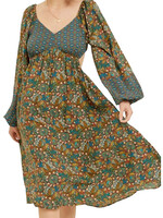 Teal Border Printed V Neck Midi Dress with Balloon Sleeves