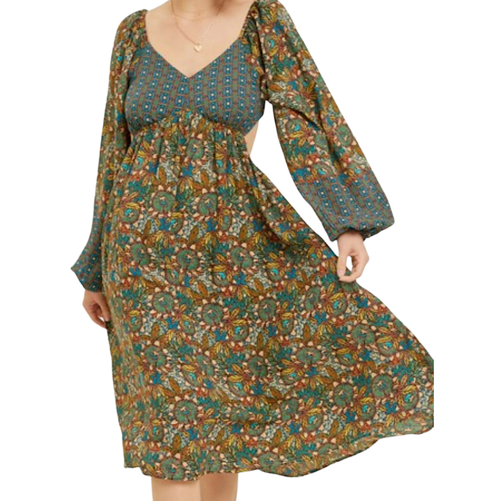 Teal Border Printed V Neck Midi Dress with Balloon Sleeves