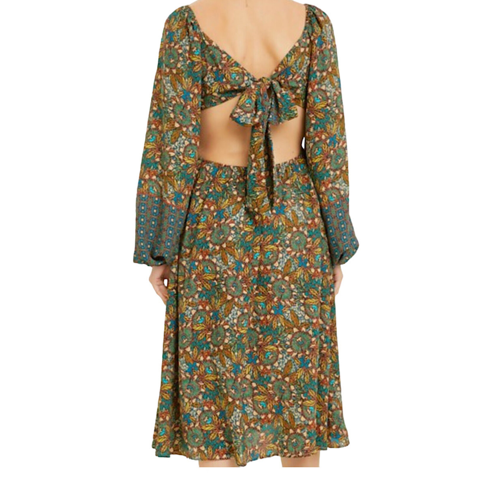 Teal Border Printed V Neck Midi Dress with Balloon Sleeves