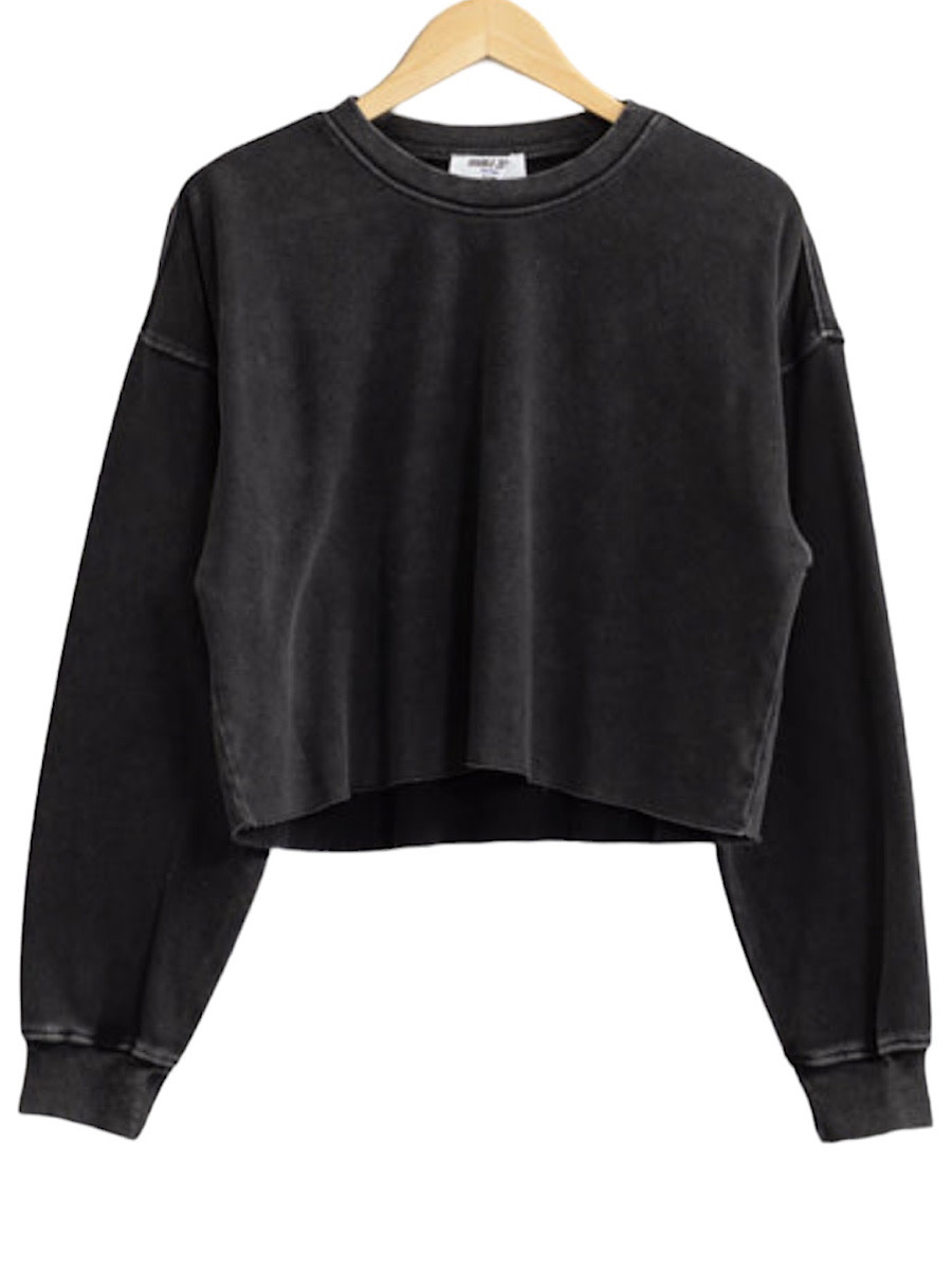 Black Cropped Crewneck Sweatshirt with Raw Hem Main Street Boutique
