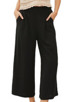 Black Linen Cropped Pants with Elastic Waist