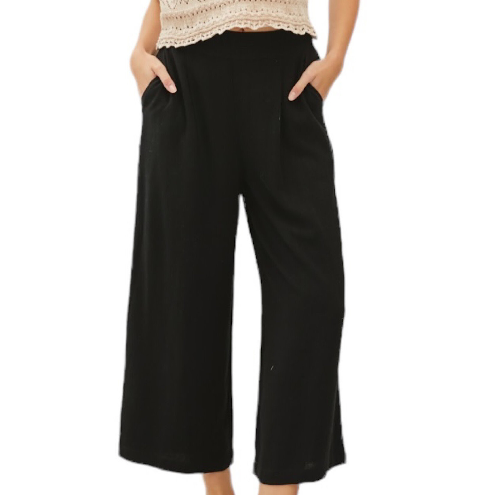Black Linen Cropped Pants with Elastic Waist