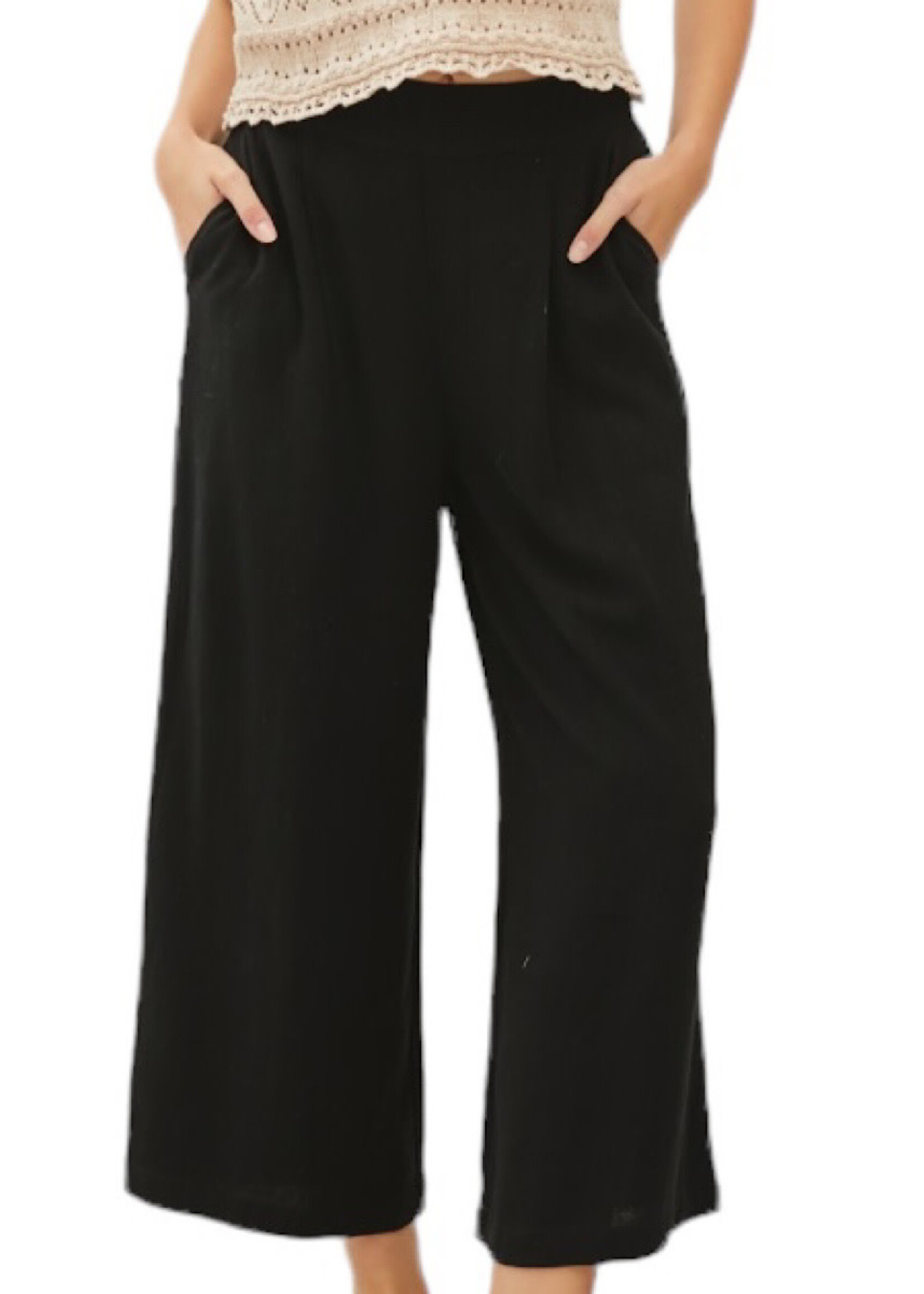 Black Linen Cropped Pants with Elastic Waist
