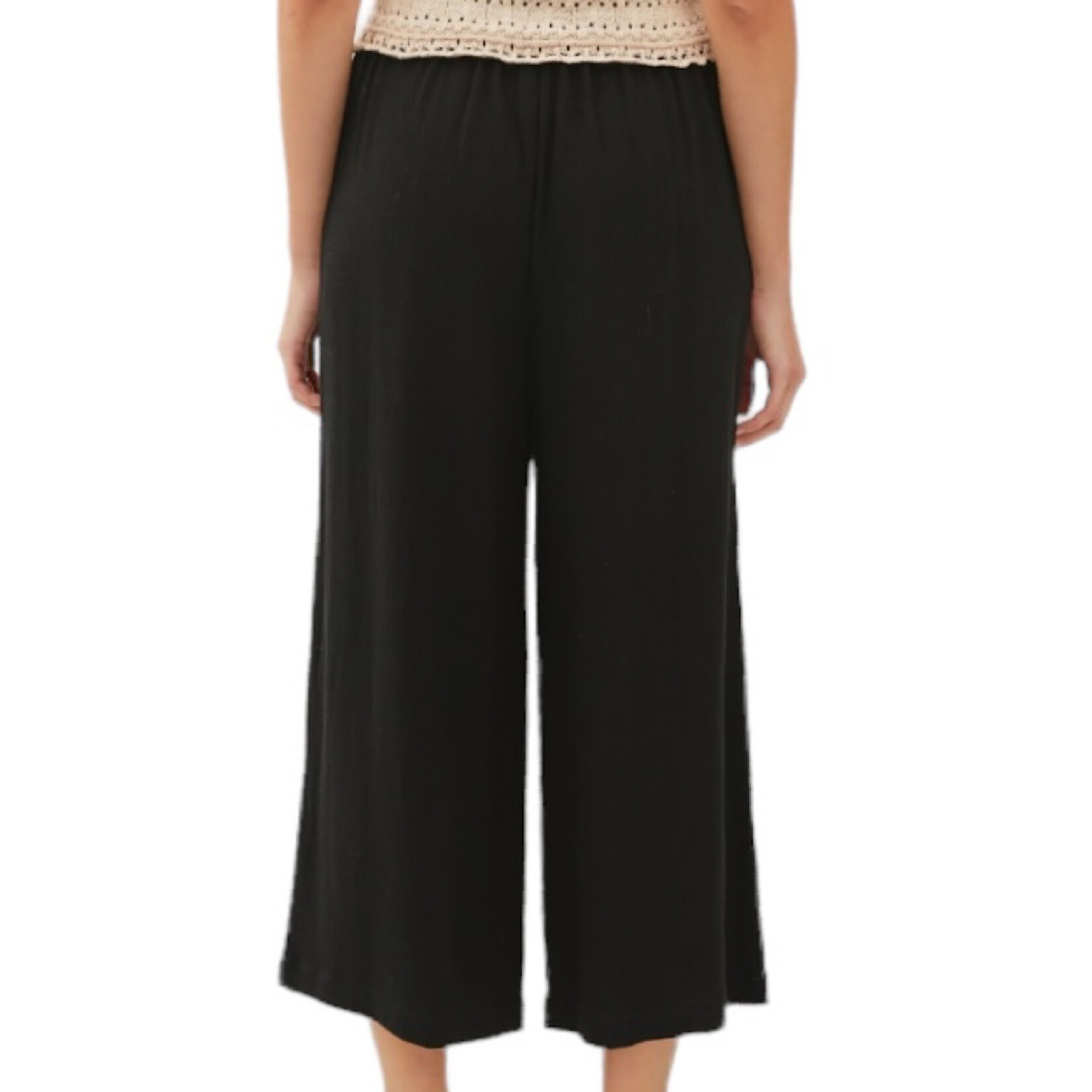 Black Linen Cropped Pants with Elastic Waist