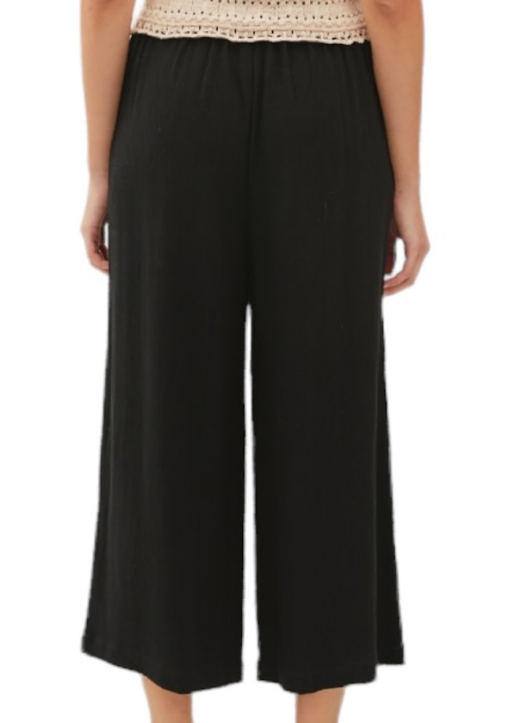 Black Linen Cropped Pants with Elastic Waist