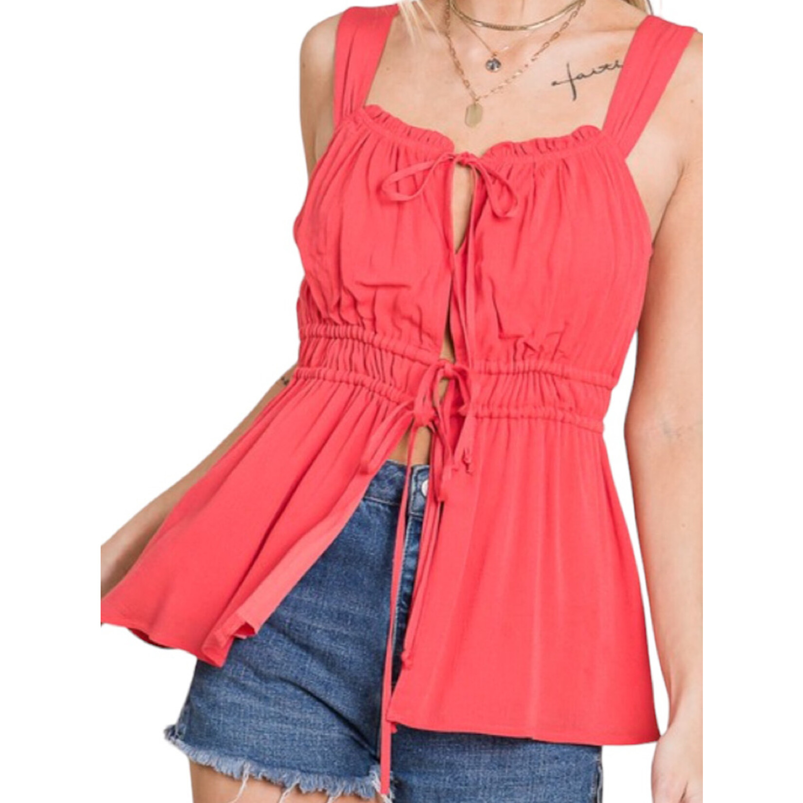 Crimson Gauze Tank Top with Elastic Waist