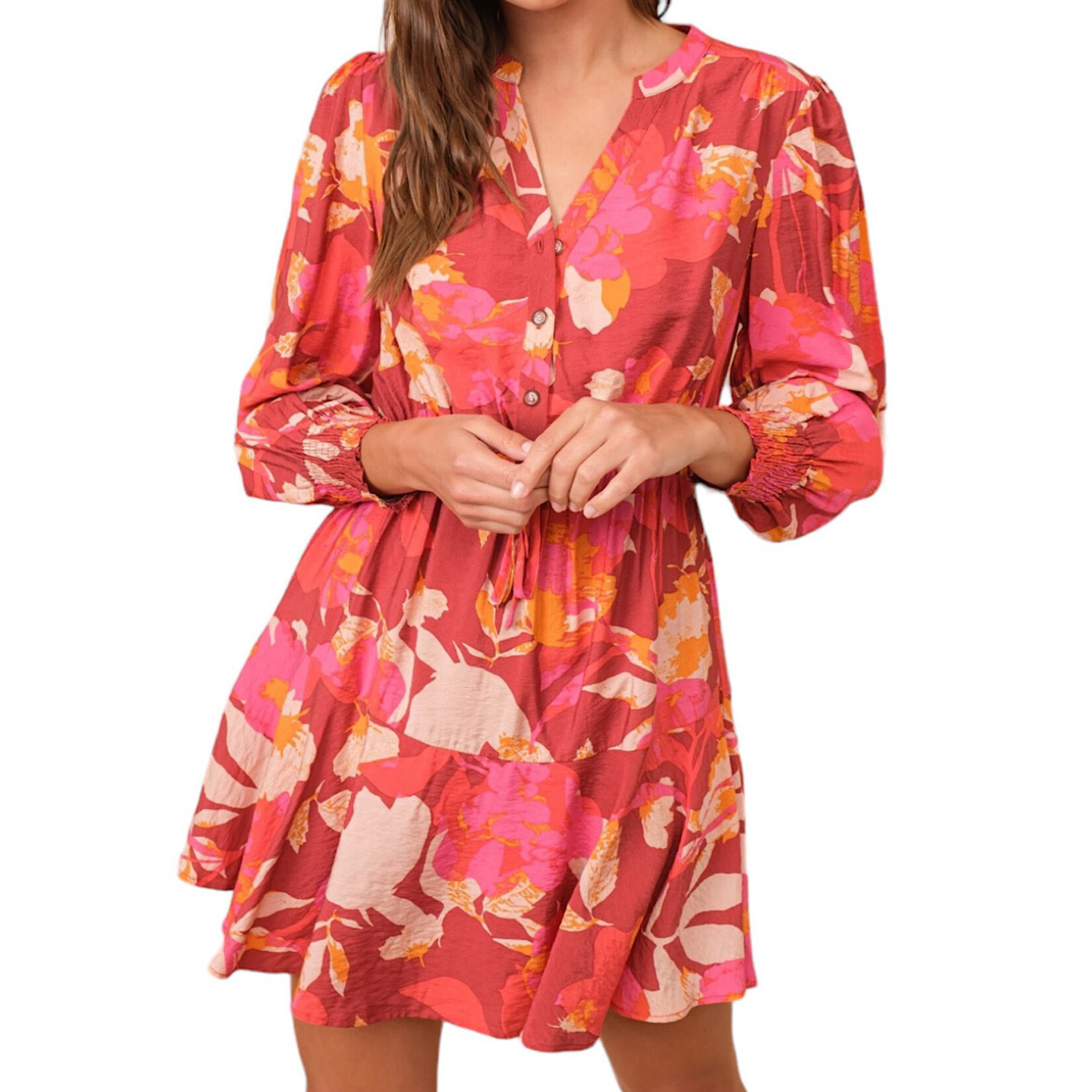 Burgundy Floral Long Sleeve Button Down Mini Dress