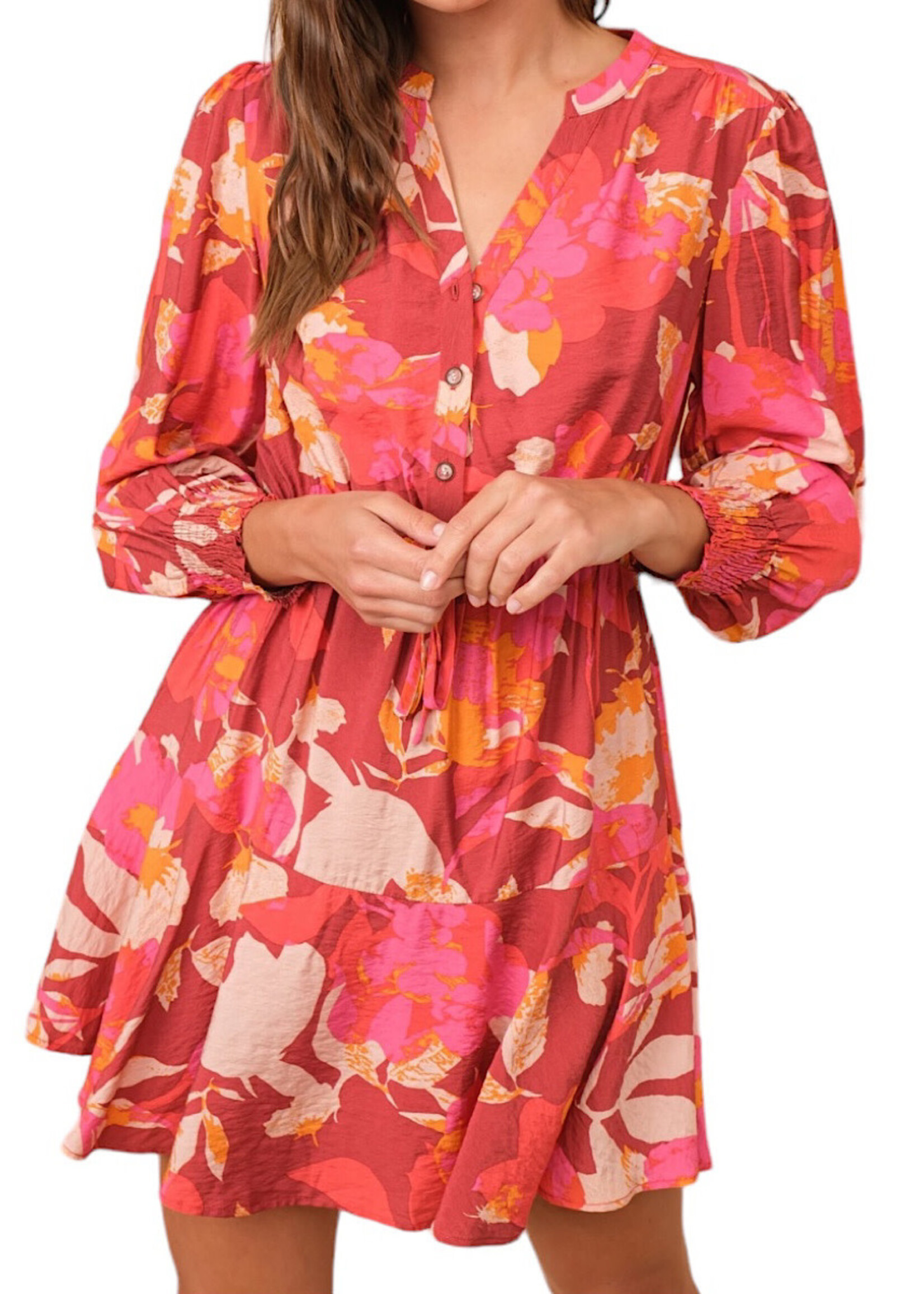 Burgundy Floral Long Sleeve Button Down Mini Dress