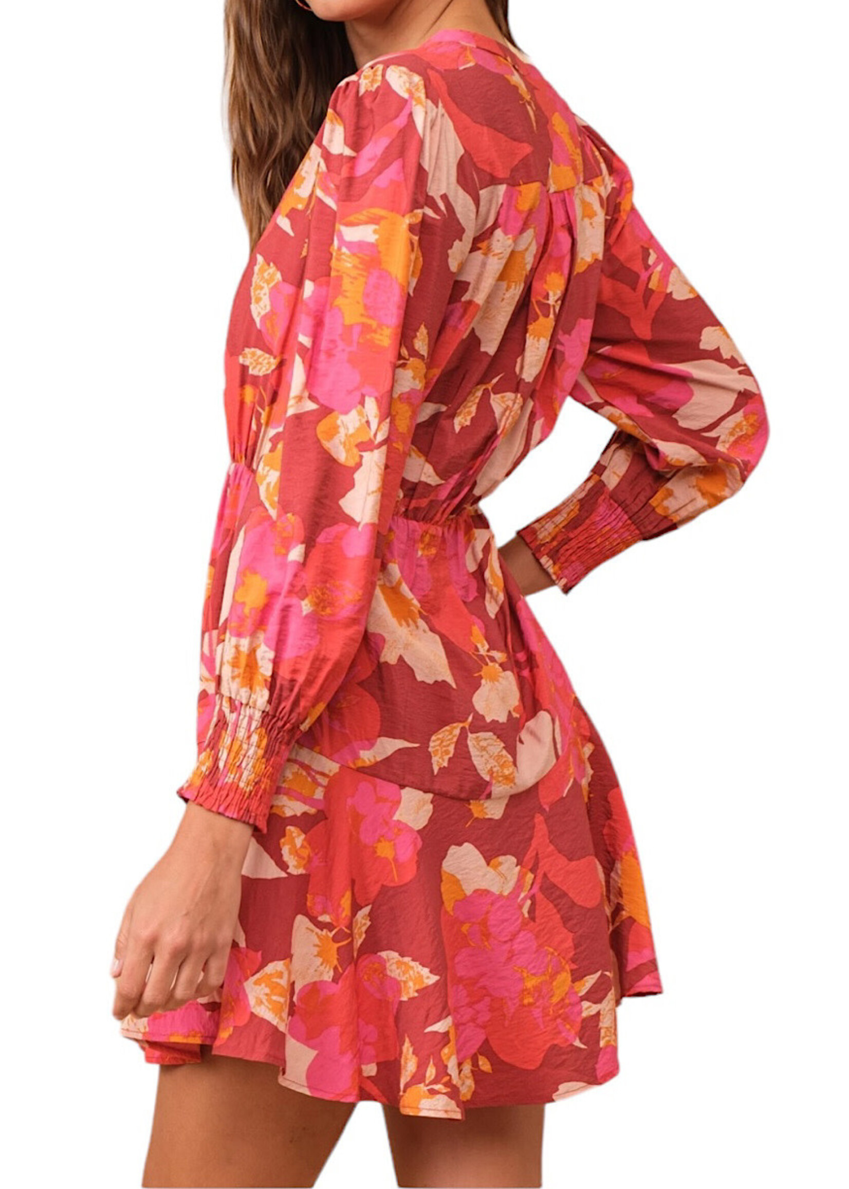 Burgundy Floral Long Sleeve Button Down Mini Dress