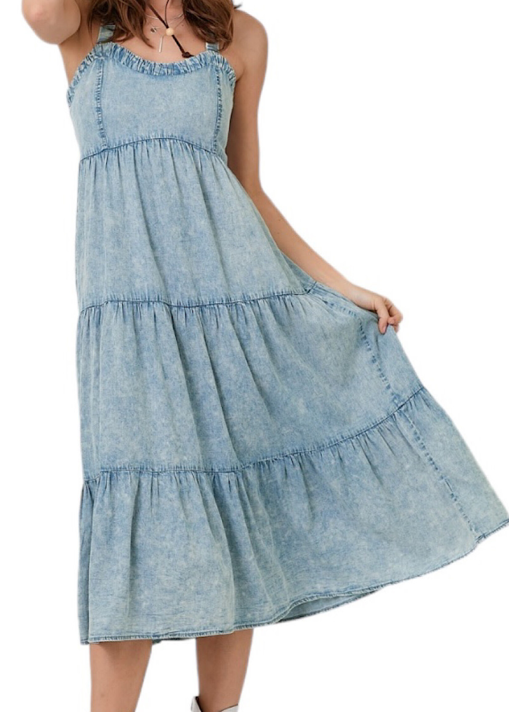 Denim Blue Washed Tiered Tencel Dress