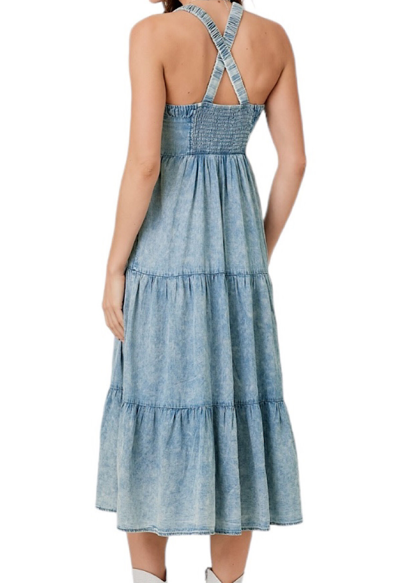 Denim Blue Washed Tiered Tencel Dress