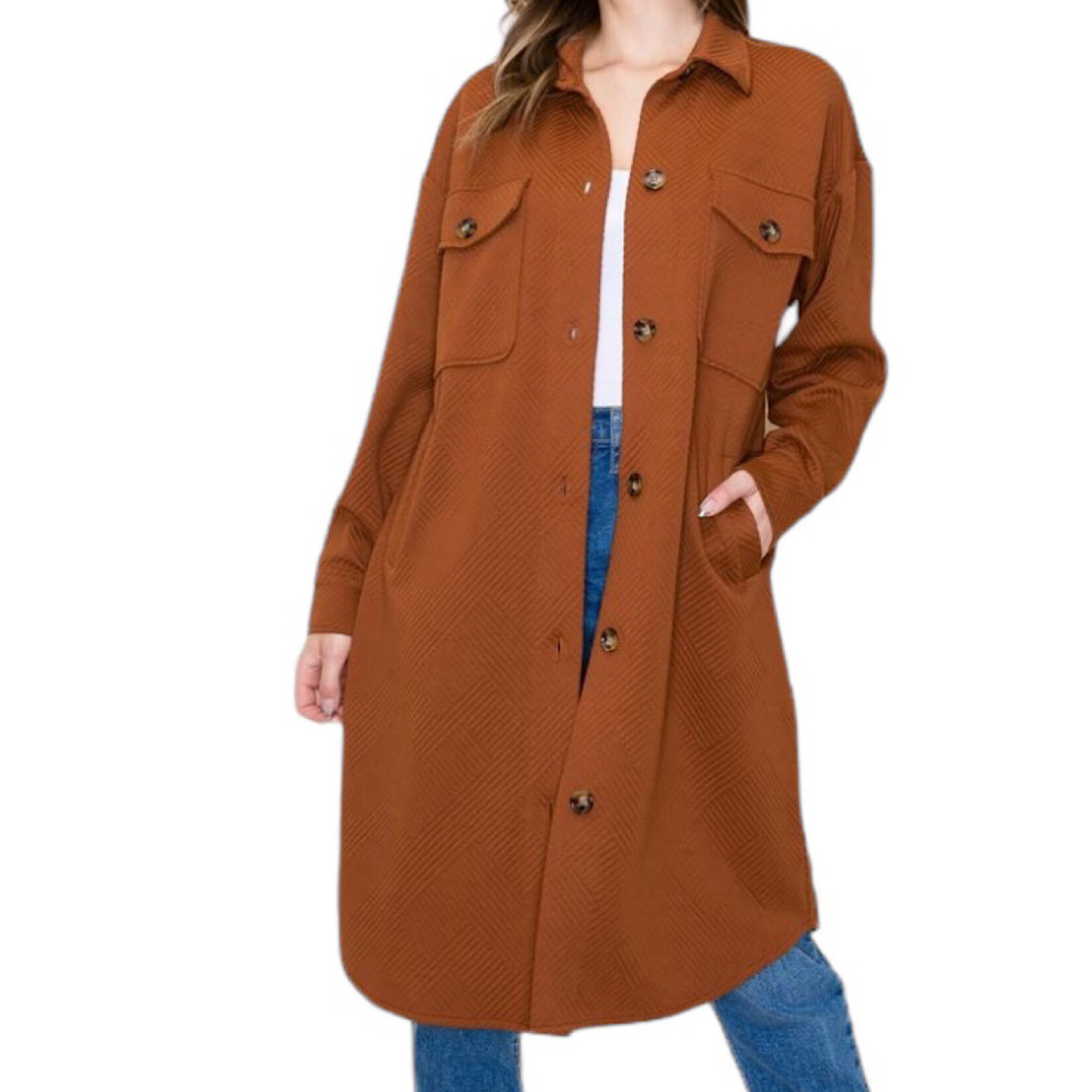 Copper Collared Button Down Long Jacket with Double Chest Pockets