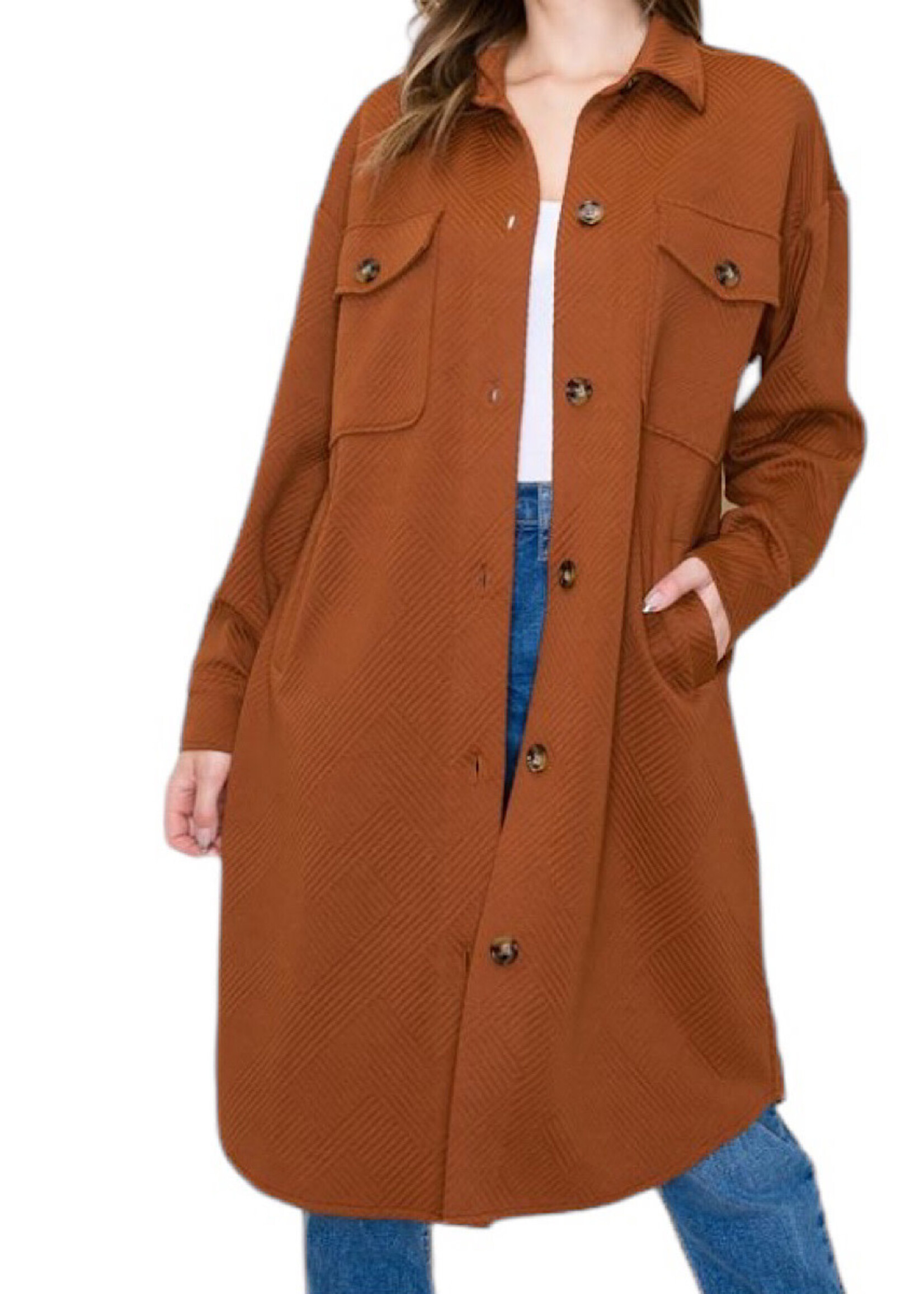 Copper Collared Button Down Long Jacket with Double Chest Pockets