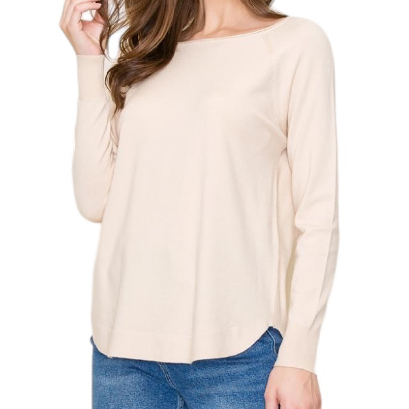 Oatmeal Boat Neck Lurex Sweater with Hi-Low Hem