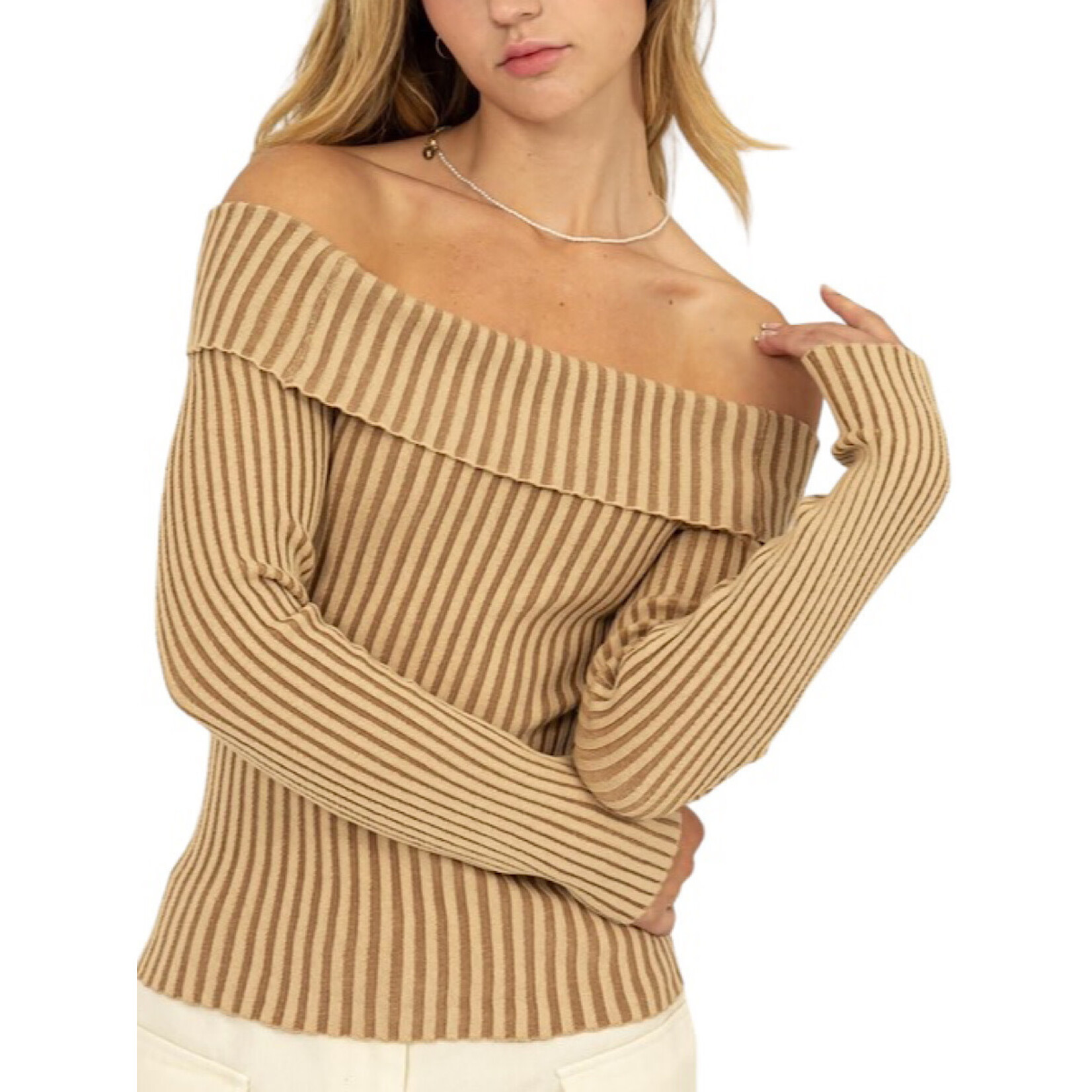 Taupe Off Shoulder Ribbed Knit Long Sleeve Top