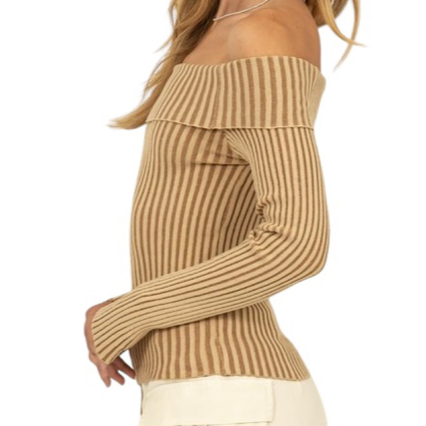 Taupe Off Shoulder Ribbed Knit Long Sleeve Top