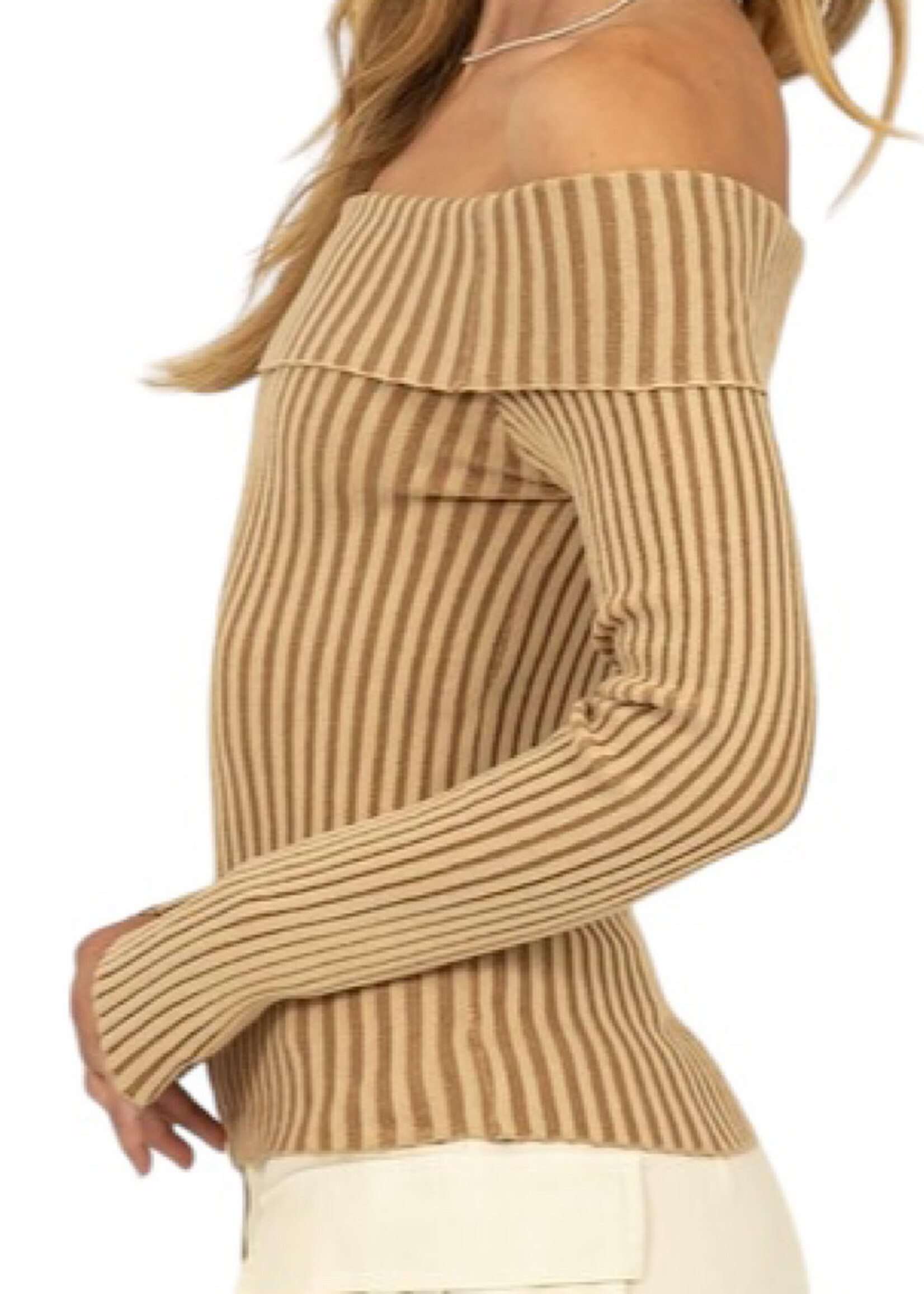 Taupe Off Shoulder Ribbed Knit Long Sleeve Top