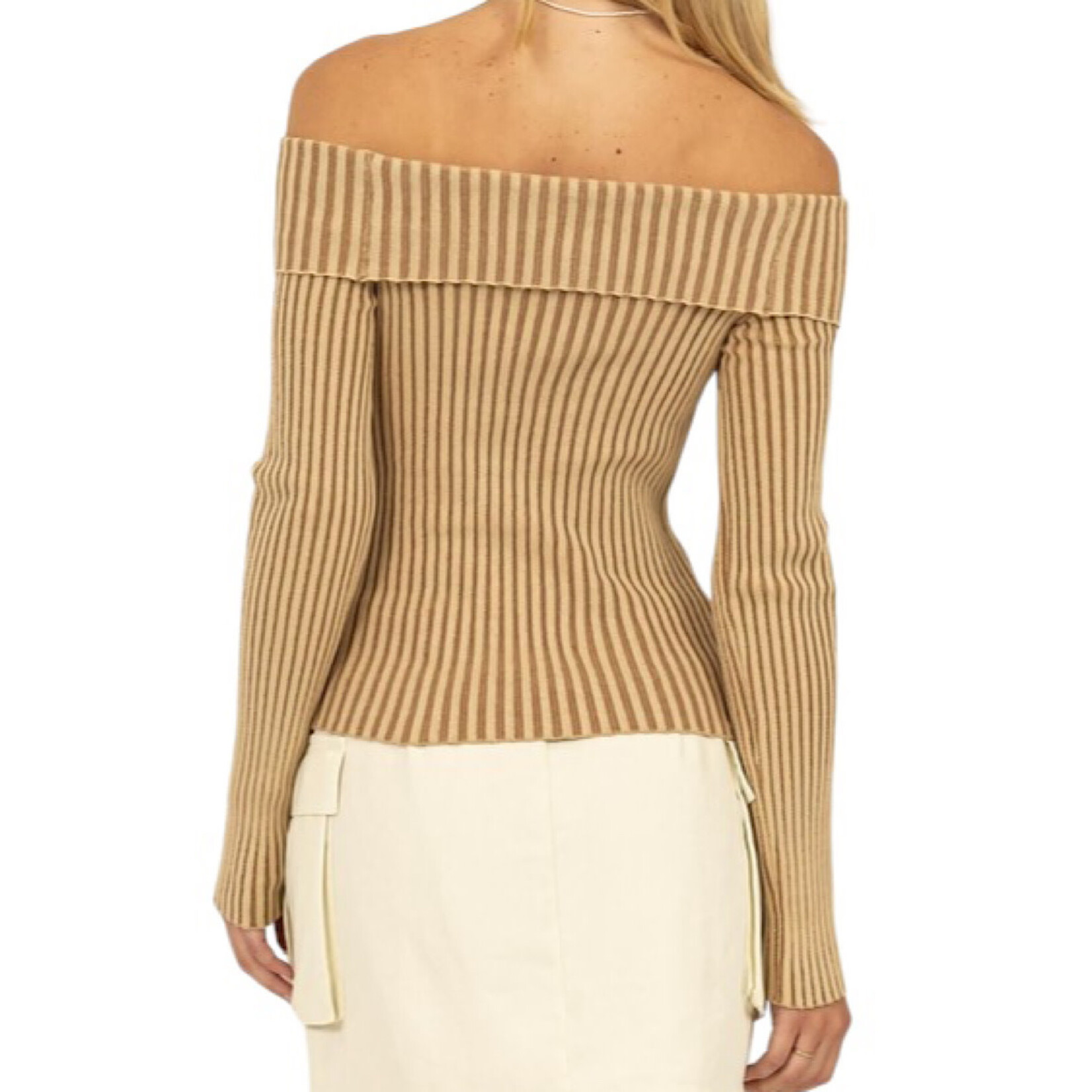 Taupe Off Shoulder Ribbed Knit Long Sleeve Top