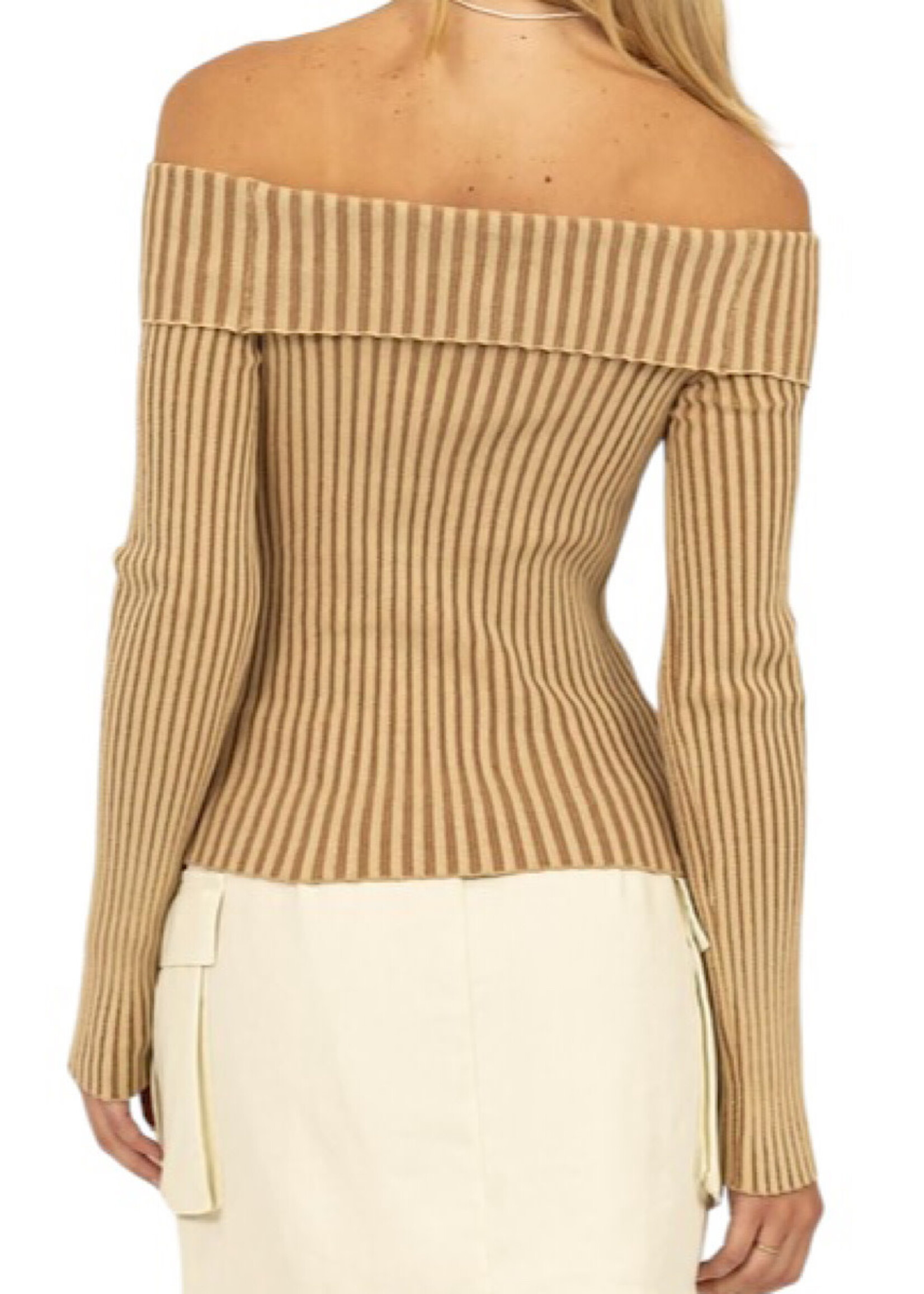 Taupe Off Shoulder Ribbed Knit Long Sleeve Top