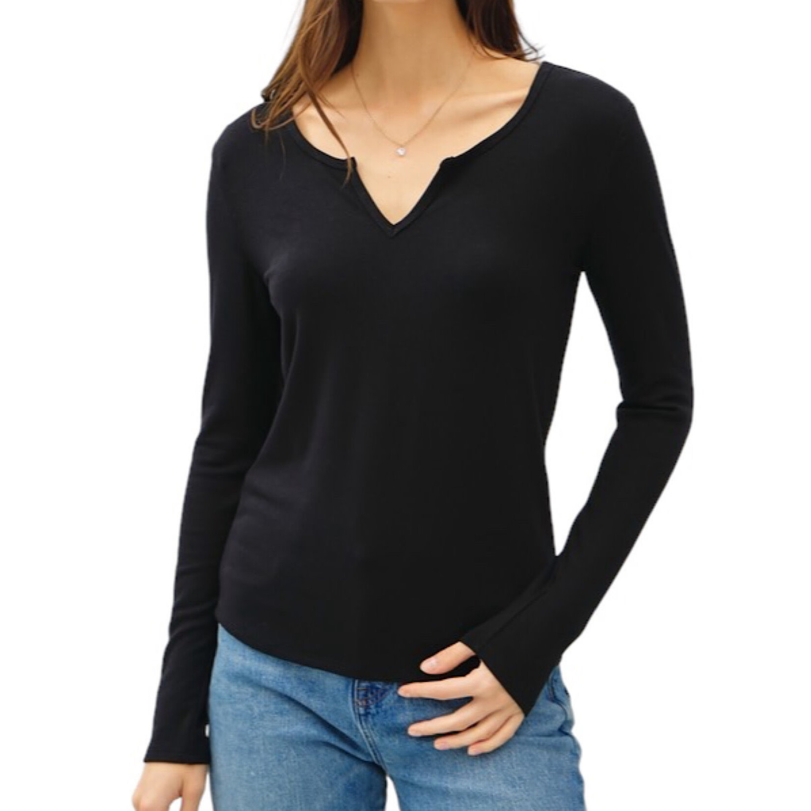Black Soft Basic Split Neck Long Sleeve Knit Tee