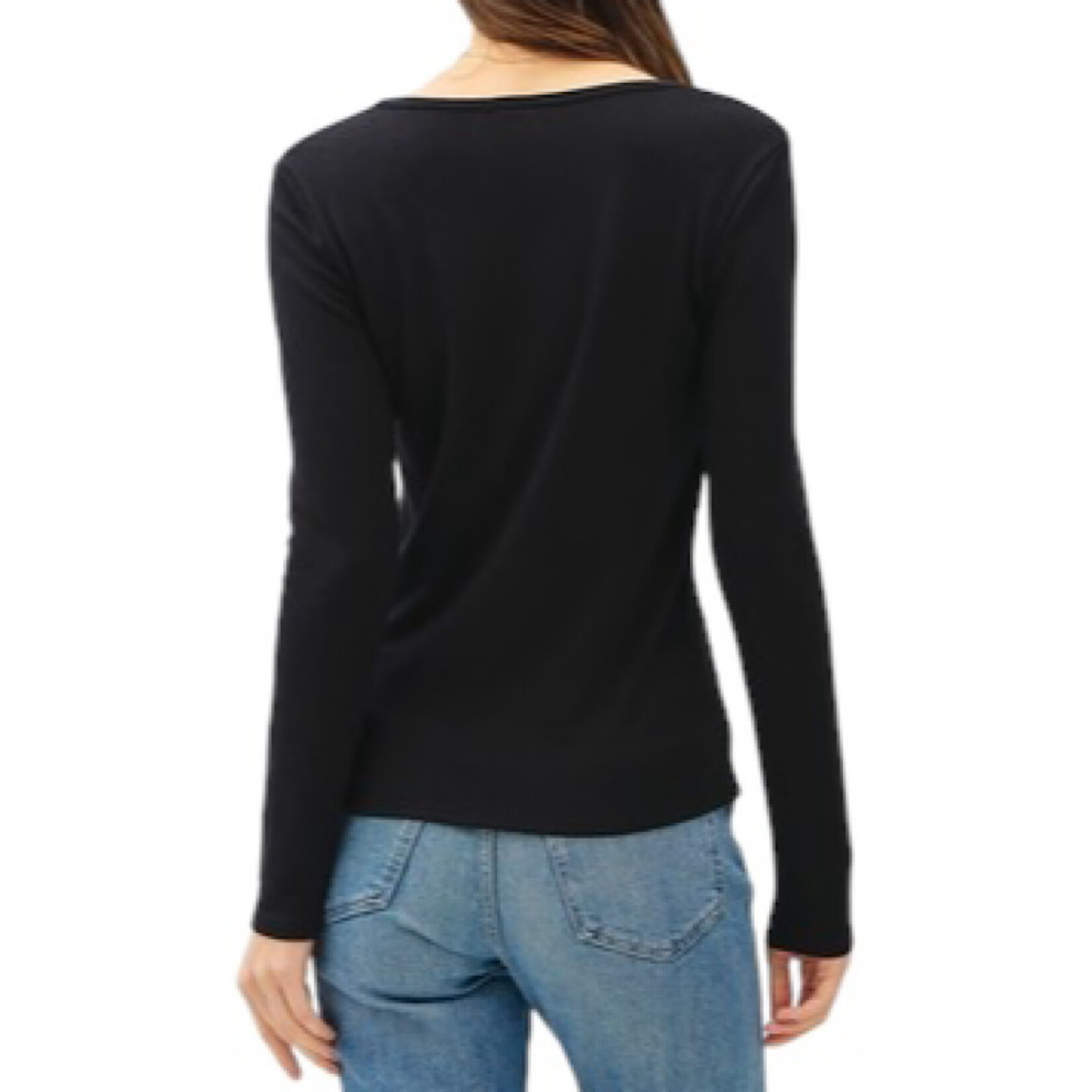 Black Soft Basic Split Neck Long Sleeve Knit Tee