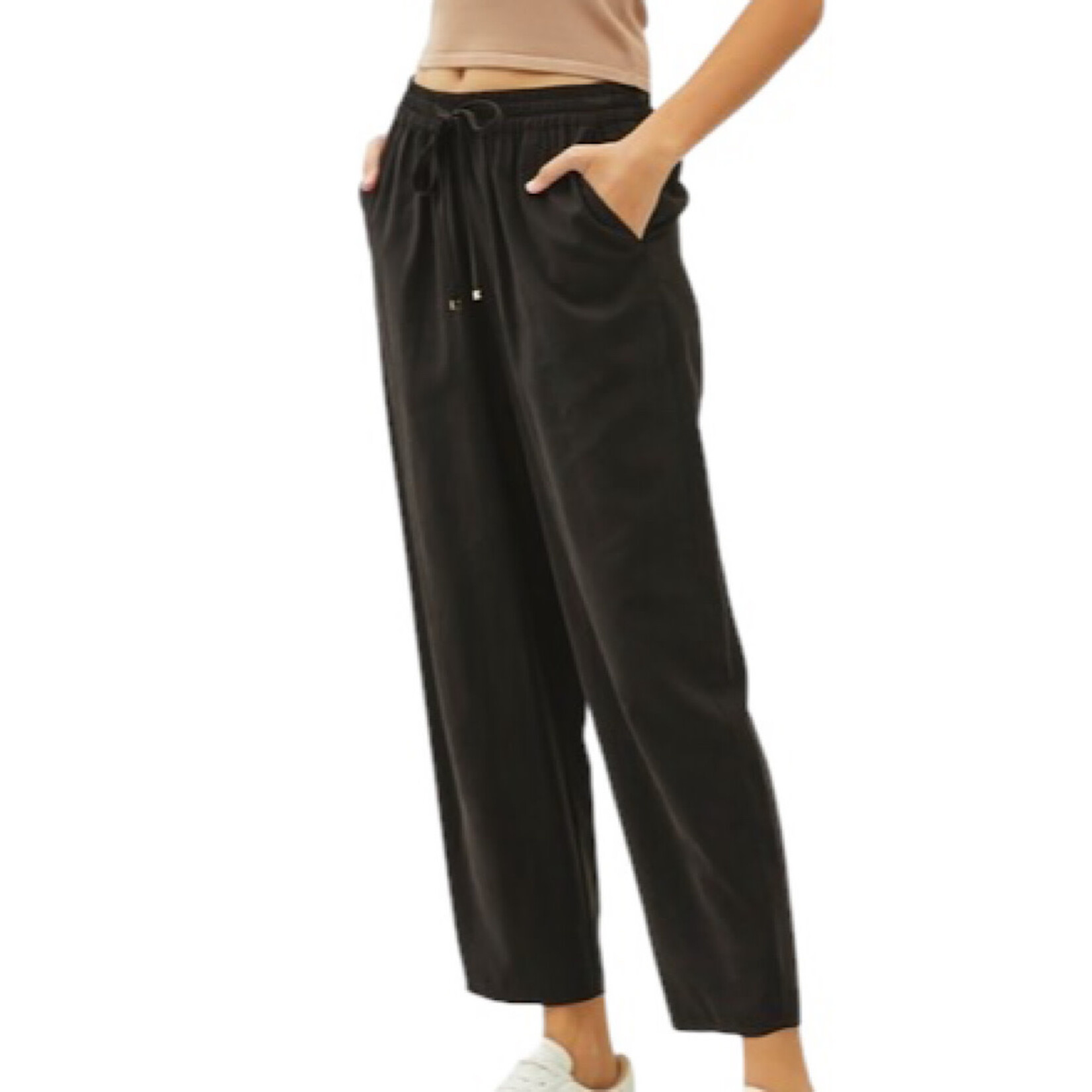 Black Cropped Pants with Drawstring Waist