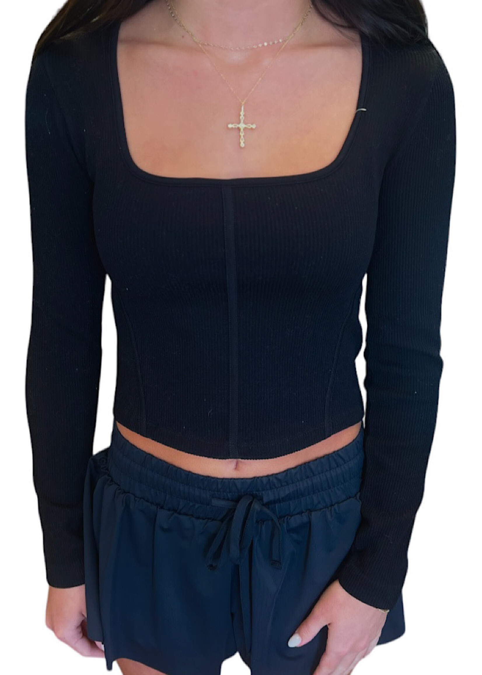 Black Long Sleeve Ribbed Top