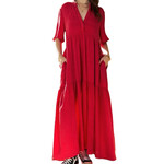 Cherry Red Garment Washed Flowy Short Sleeve Maxi Dress