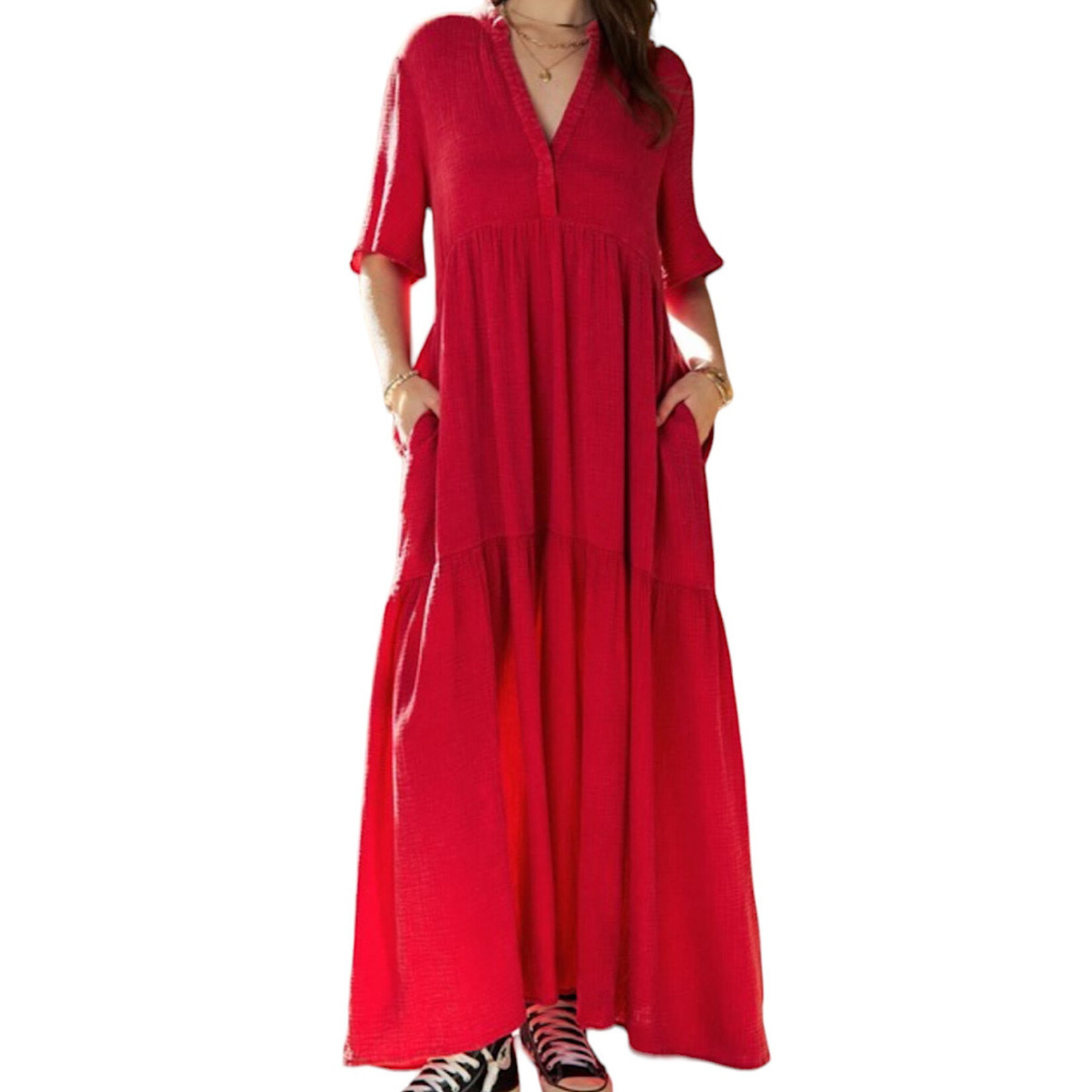 Cherry Red Garment Washed Flowy Short Sleeve Maxi Dress