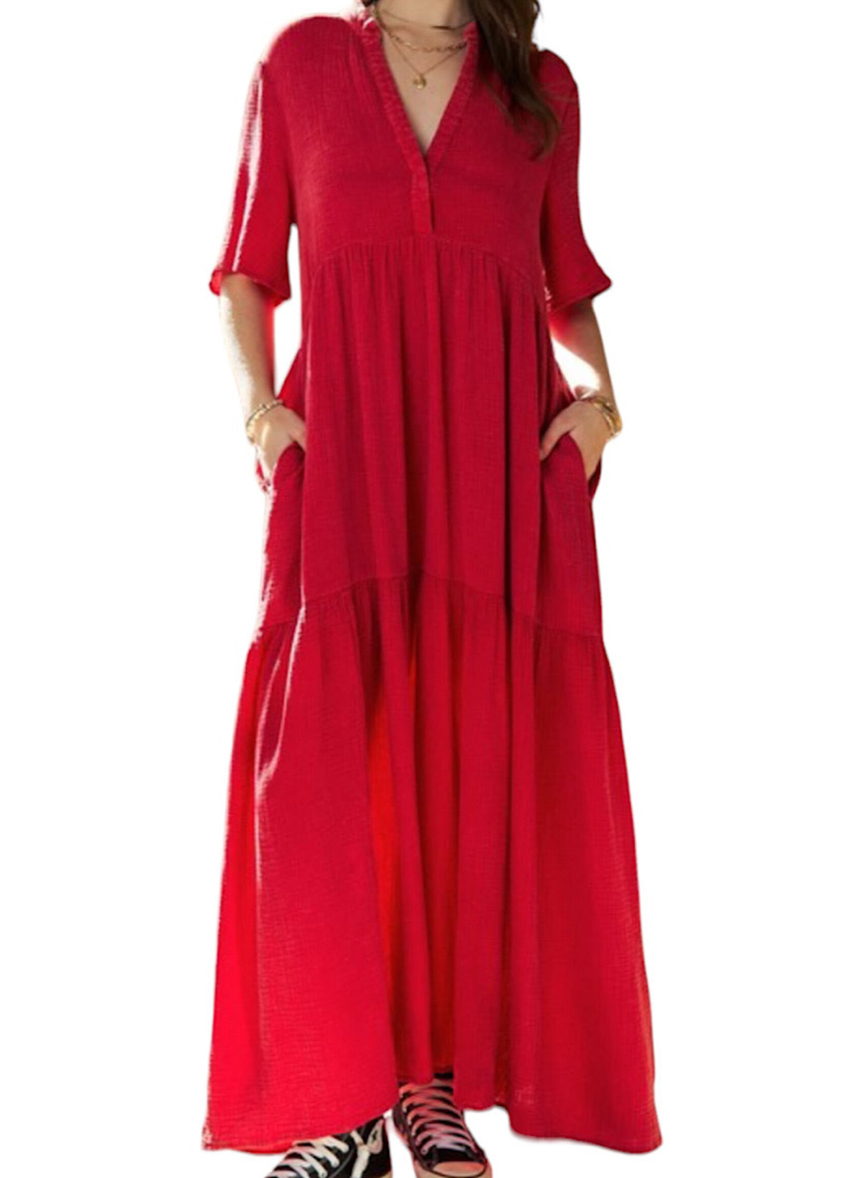Cherry Red Garment Washed Flowy Short Sleeve Maxi Dress