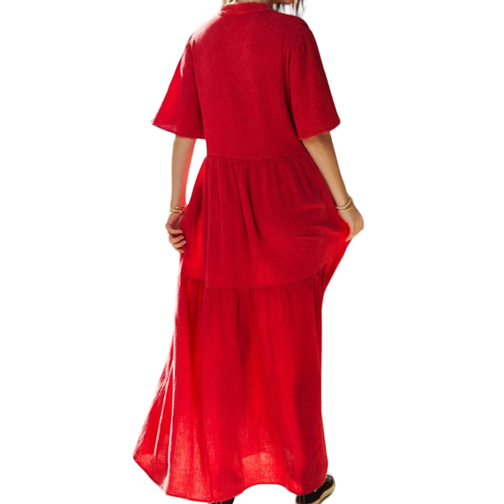 Cherry Red Garment Washed Flowy Short Sleeve Maxi Dress