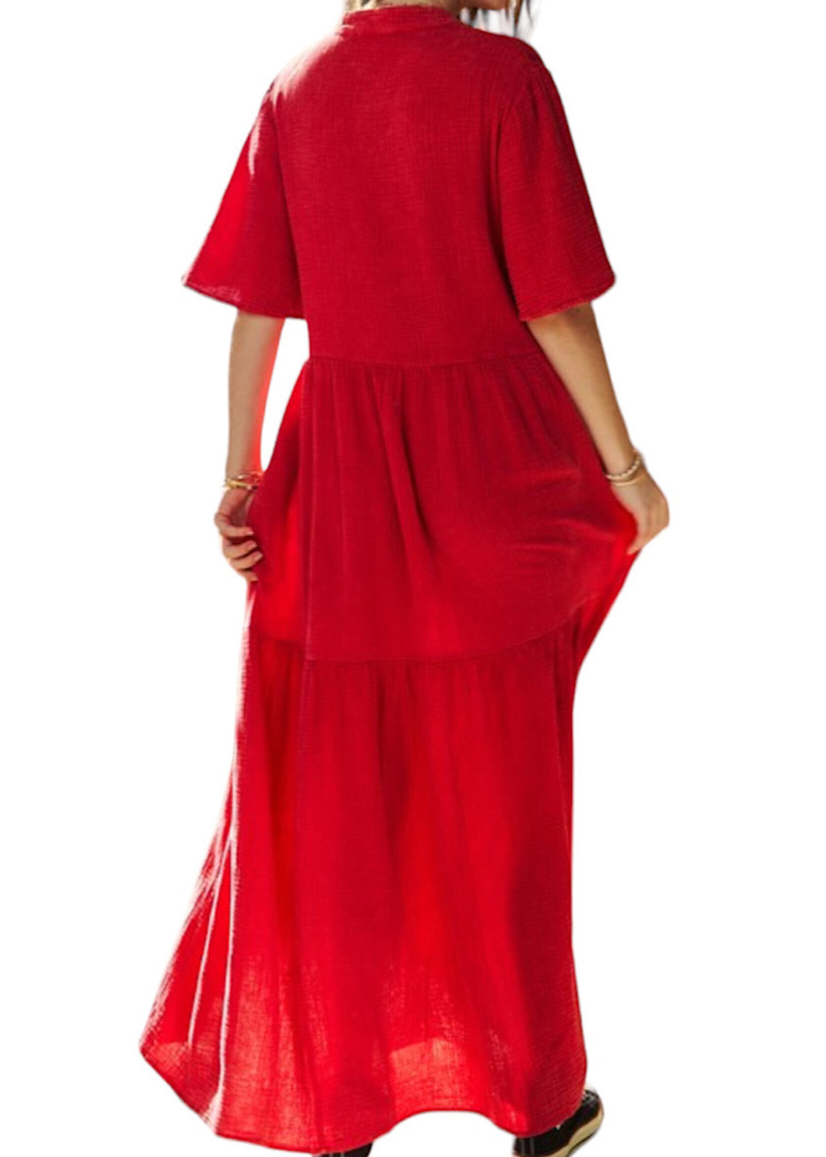 Cherry Red Garment Washed Flowy Short Sleeve Maxi Dress