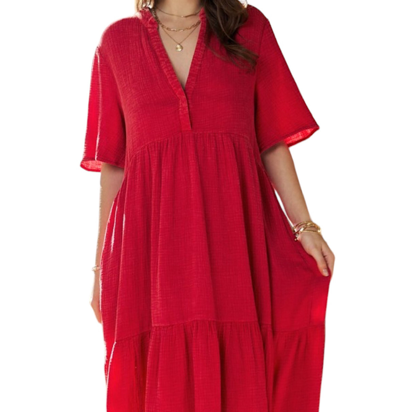 Cherry Red Garment Washed Flowy Short Sleeve Maxi Dress