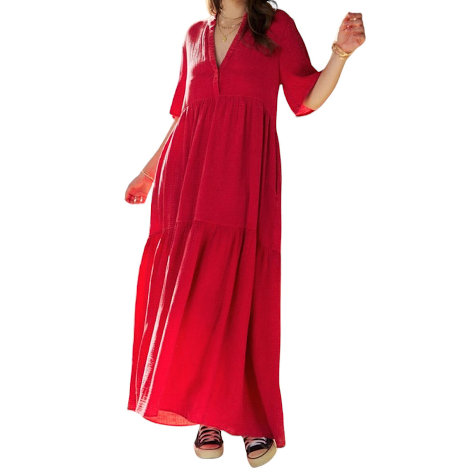 Cherry Red Garment Washed Flowy Short Sleeve Maxi Dress