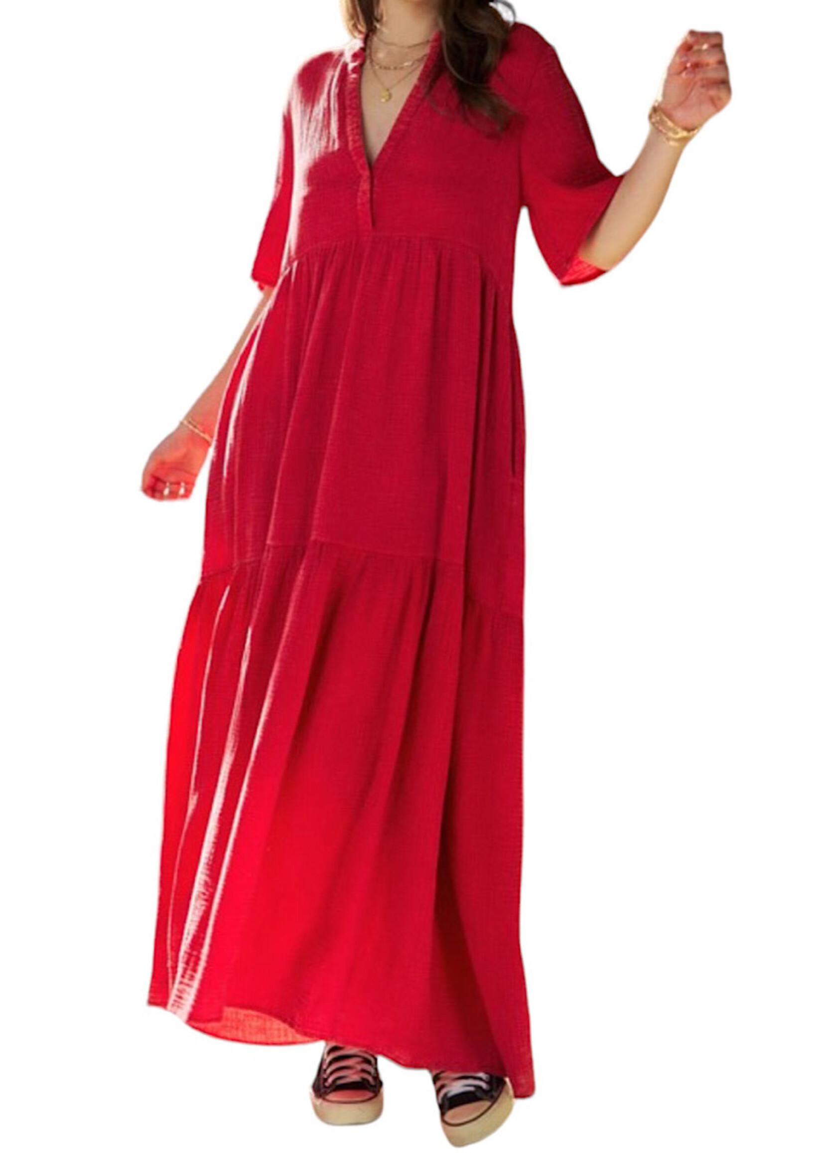 Cherry Red Garment Washed Flowy Short Sleeve Maxi Dress