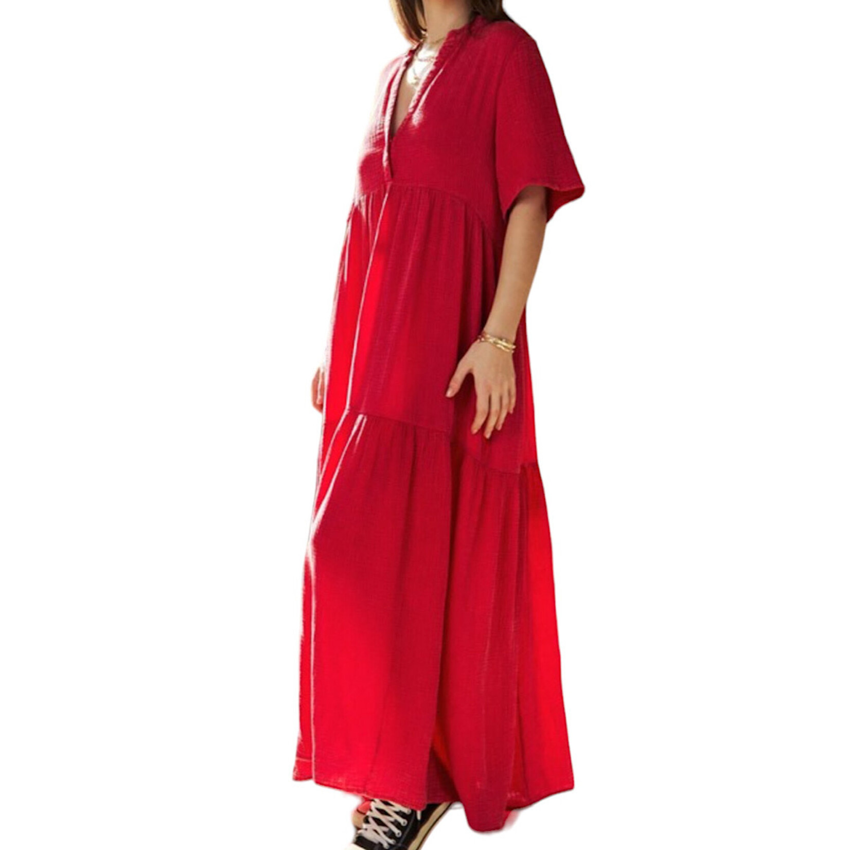 Cherry Red Garment Washed Flowy Short Sleeve Maxi Dress
