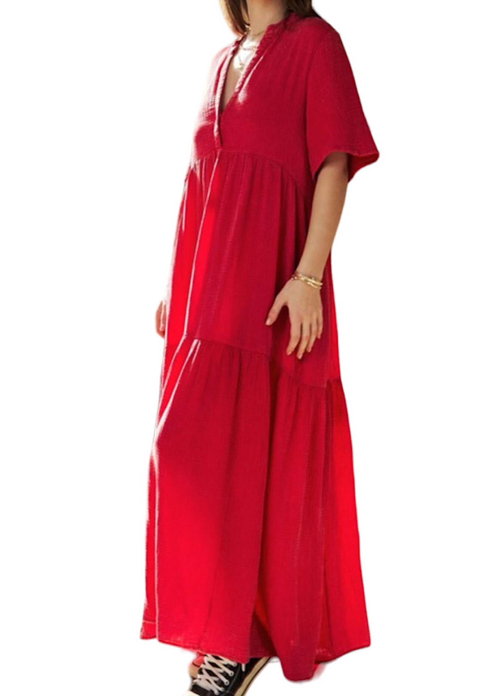 Cherry Red Garment Washed Flowy Short Sleeve Maxi Dress