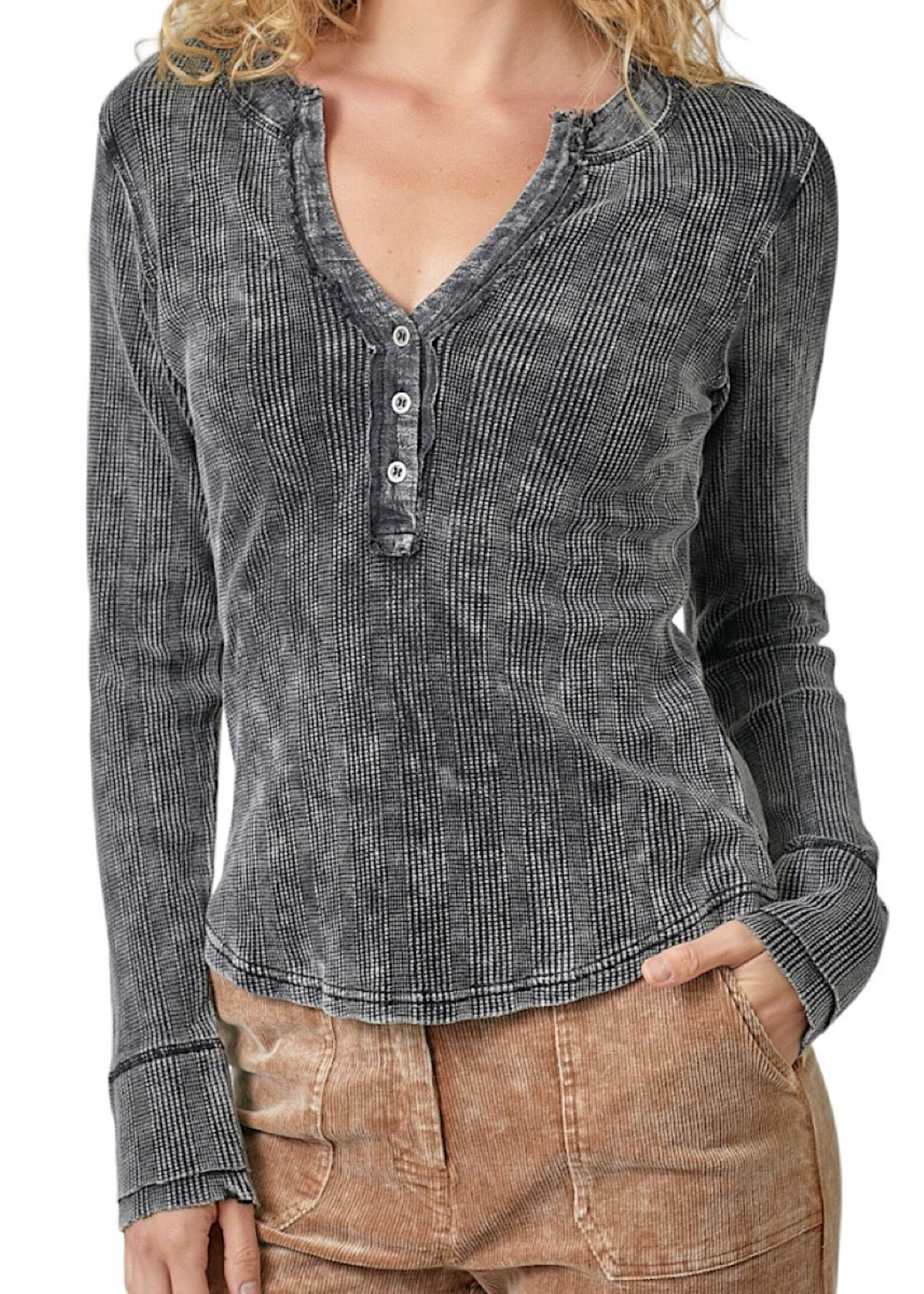 Black Washed Thermal Henley Top