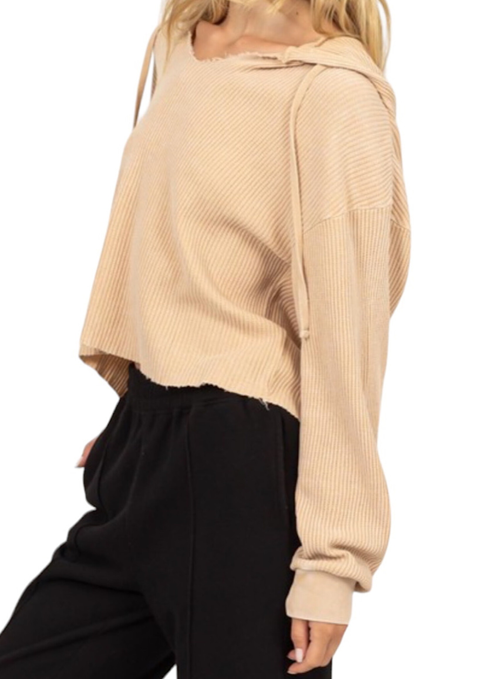Taupe Cropped Waffle Knit Hoodie