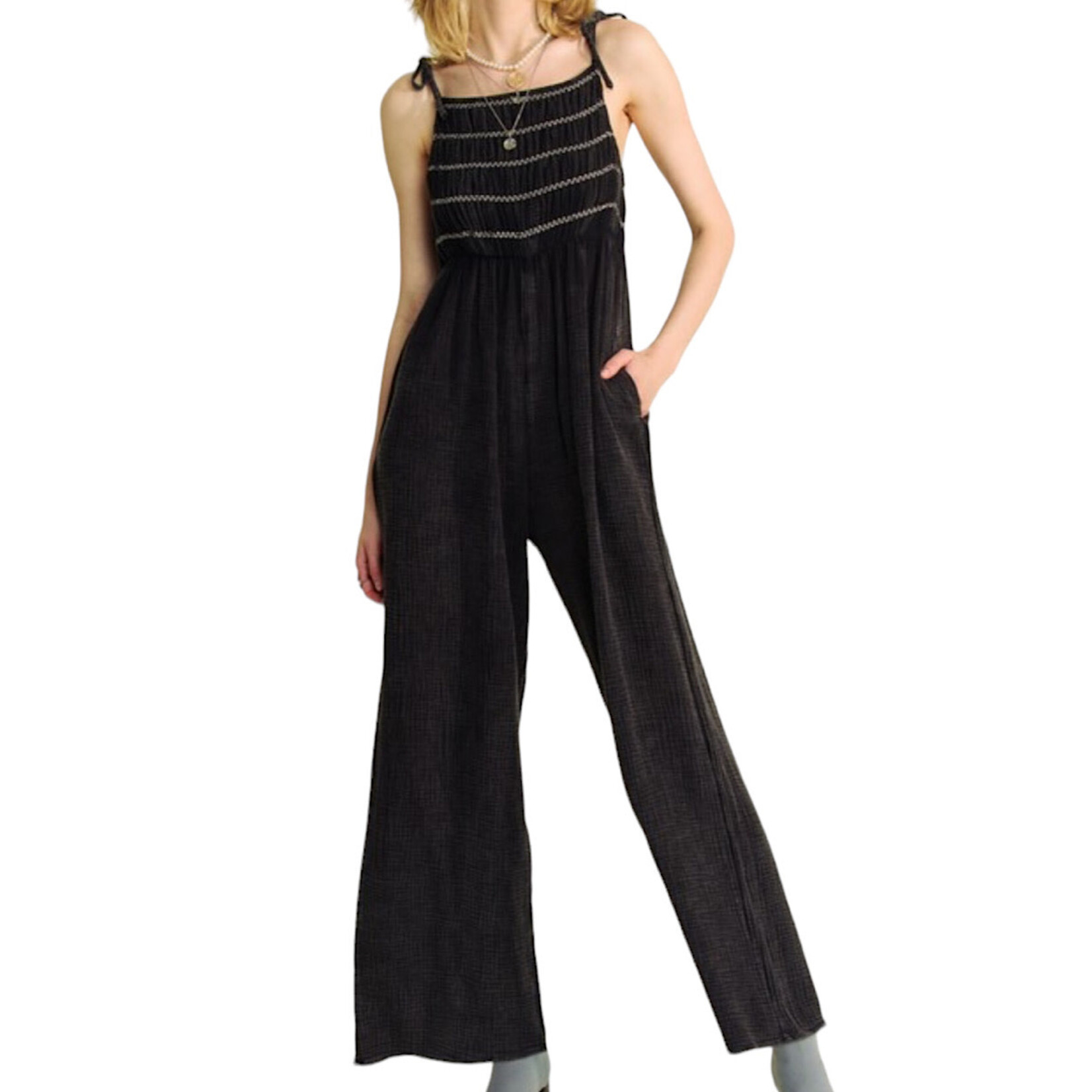 Black Garment Dyed Smocked Jumpsuit with Tied Shoulders