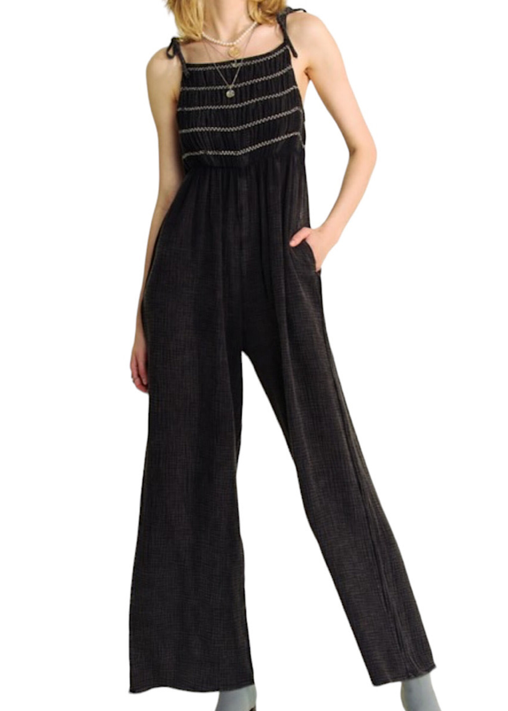 Black Garment Dyed Smocked Jumpsuit with Tied Shoulders