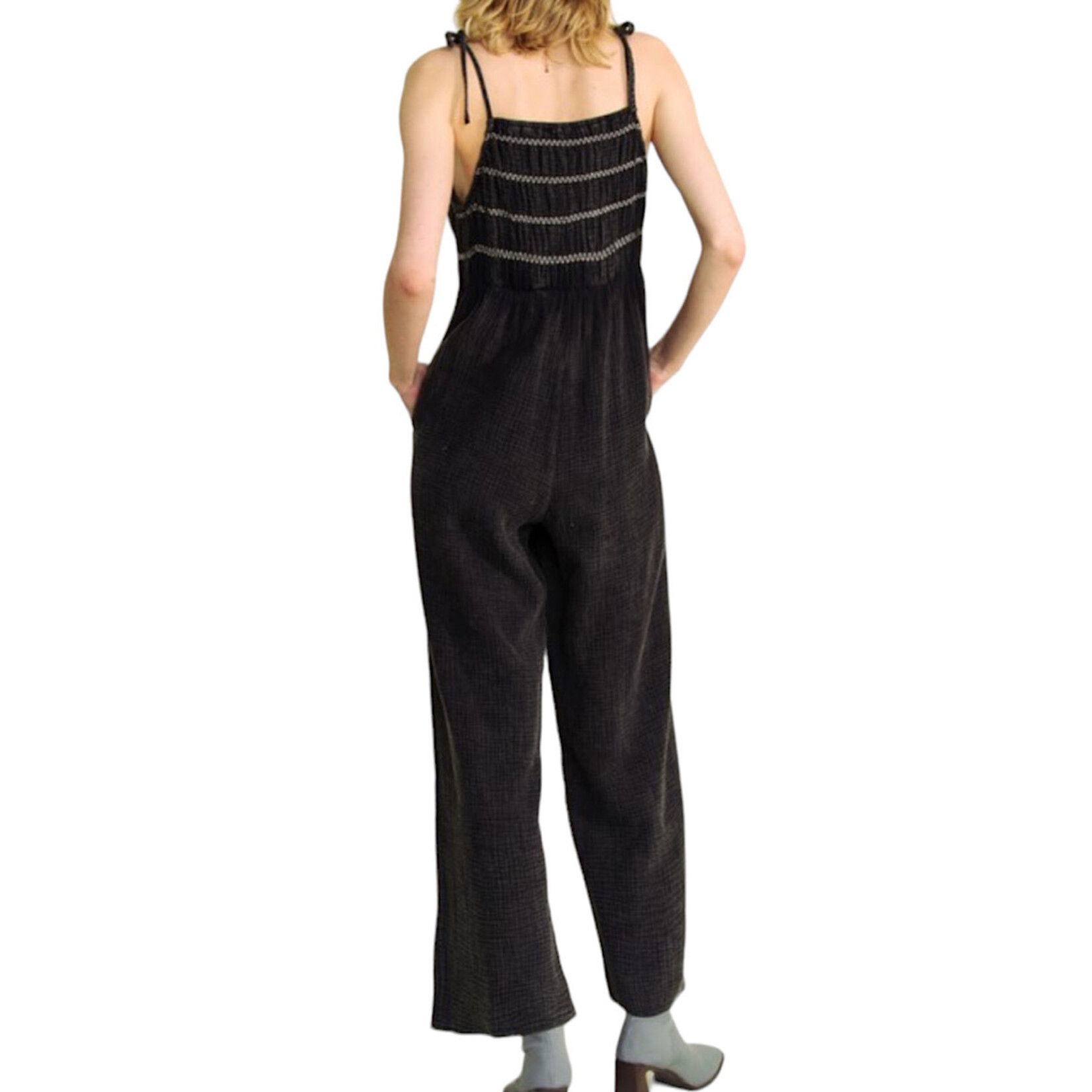 Black Garment Dyed Smocked Jumpsuit with Tied Shoulders