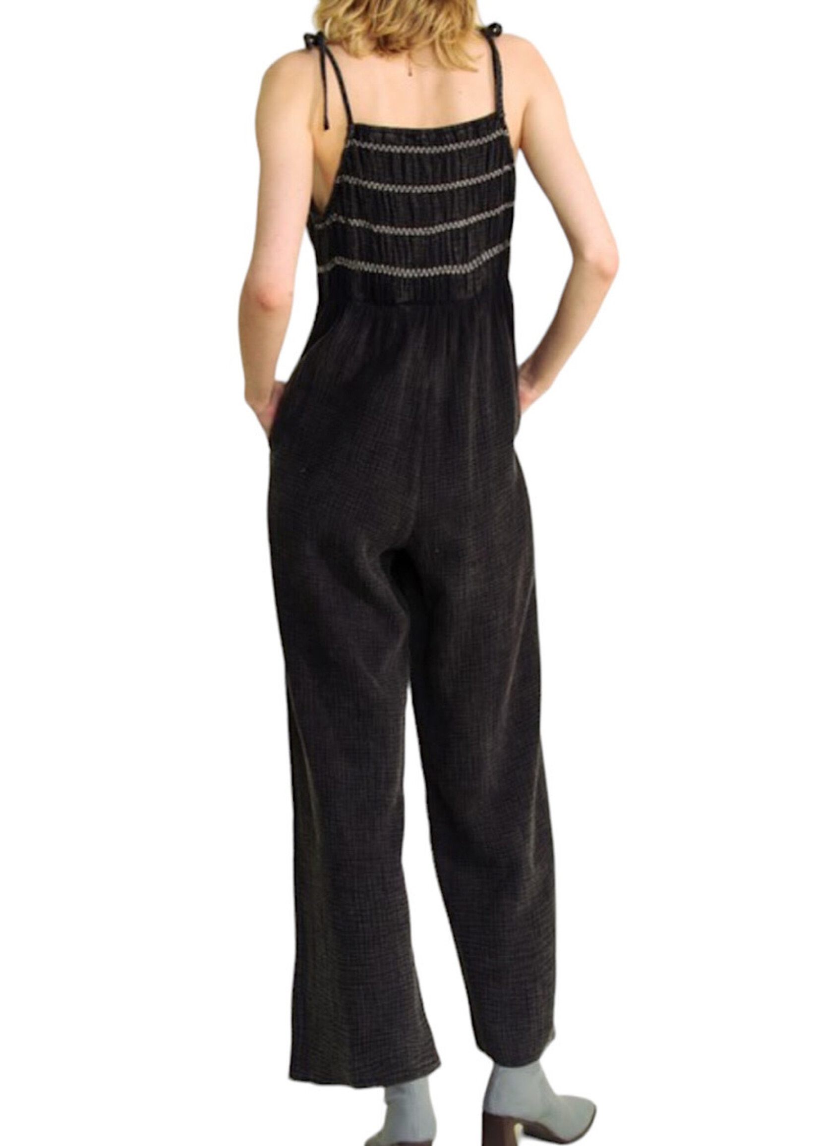 Black Garment Dyed Smocked Jumpsuit with Tied Shoulders