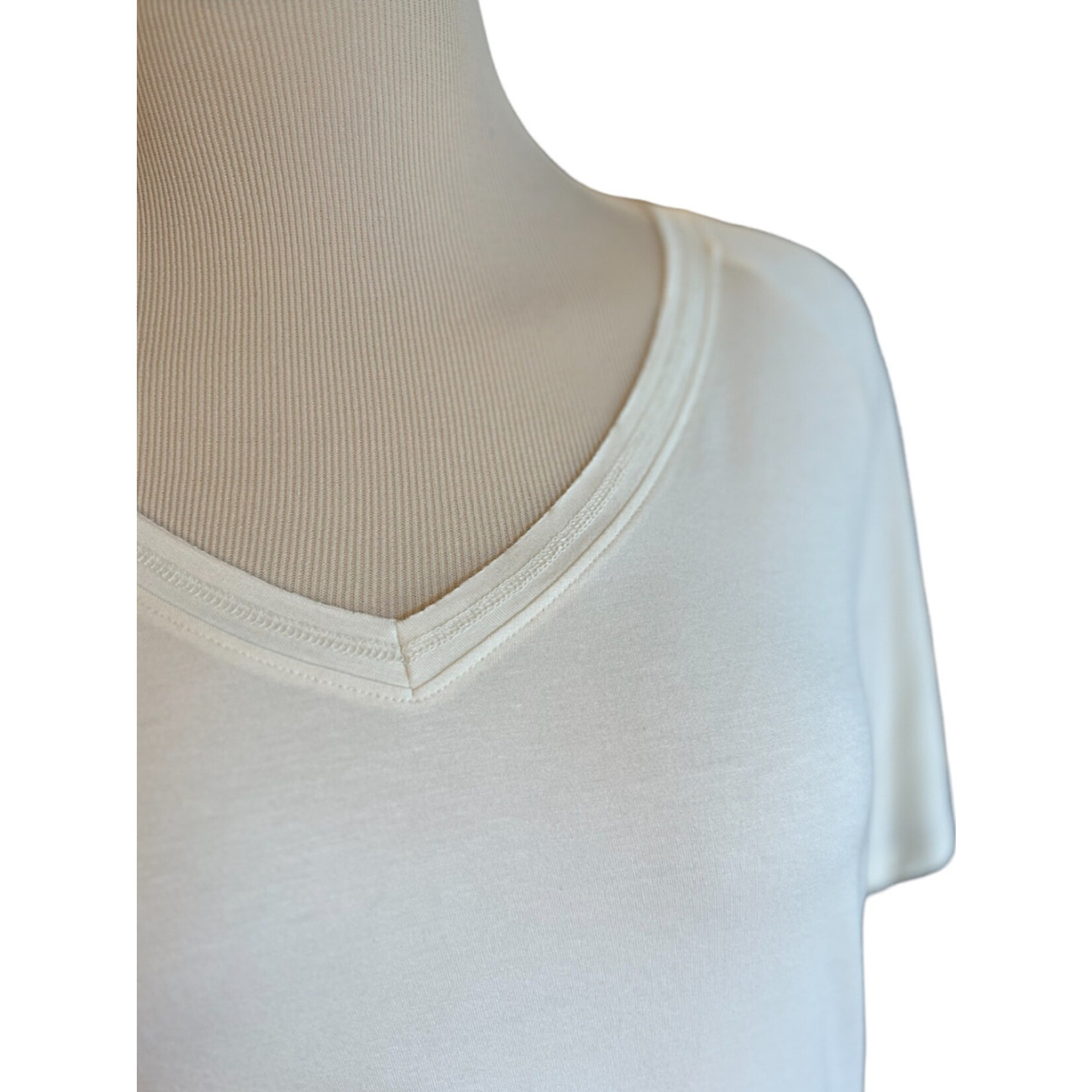 Cream V-Neck Basic Short Sleeve Top