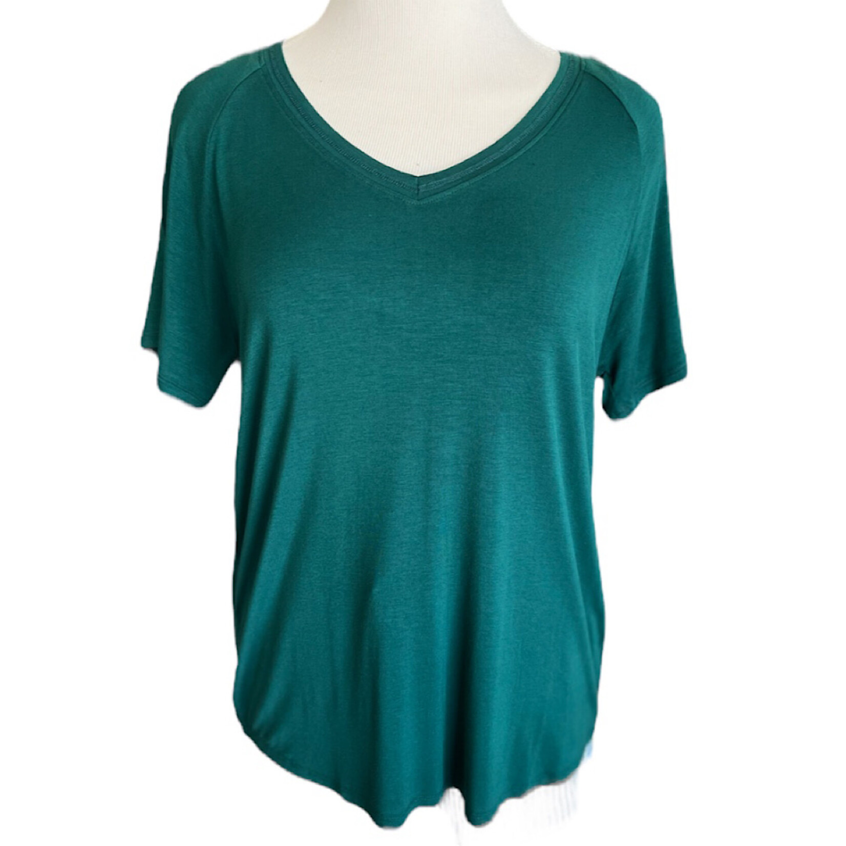 Dark Green V-Neck Basic Short Sleeve Top