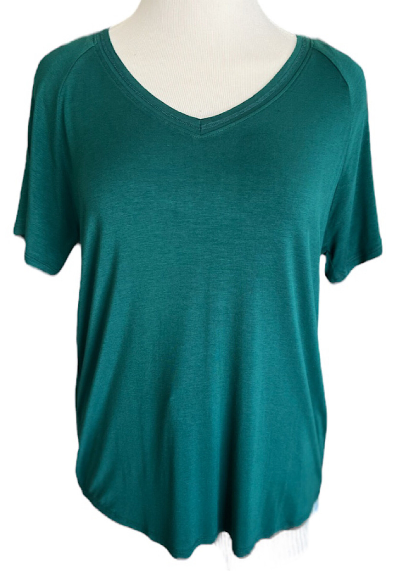 Dark Green V-Neck Basic Short Sleeve Top