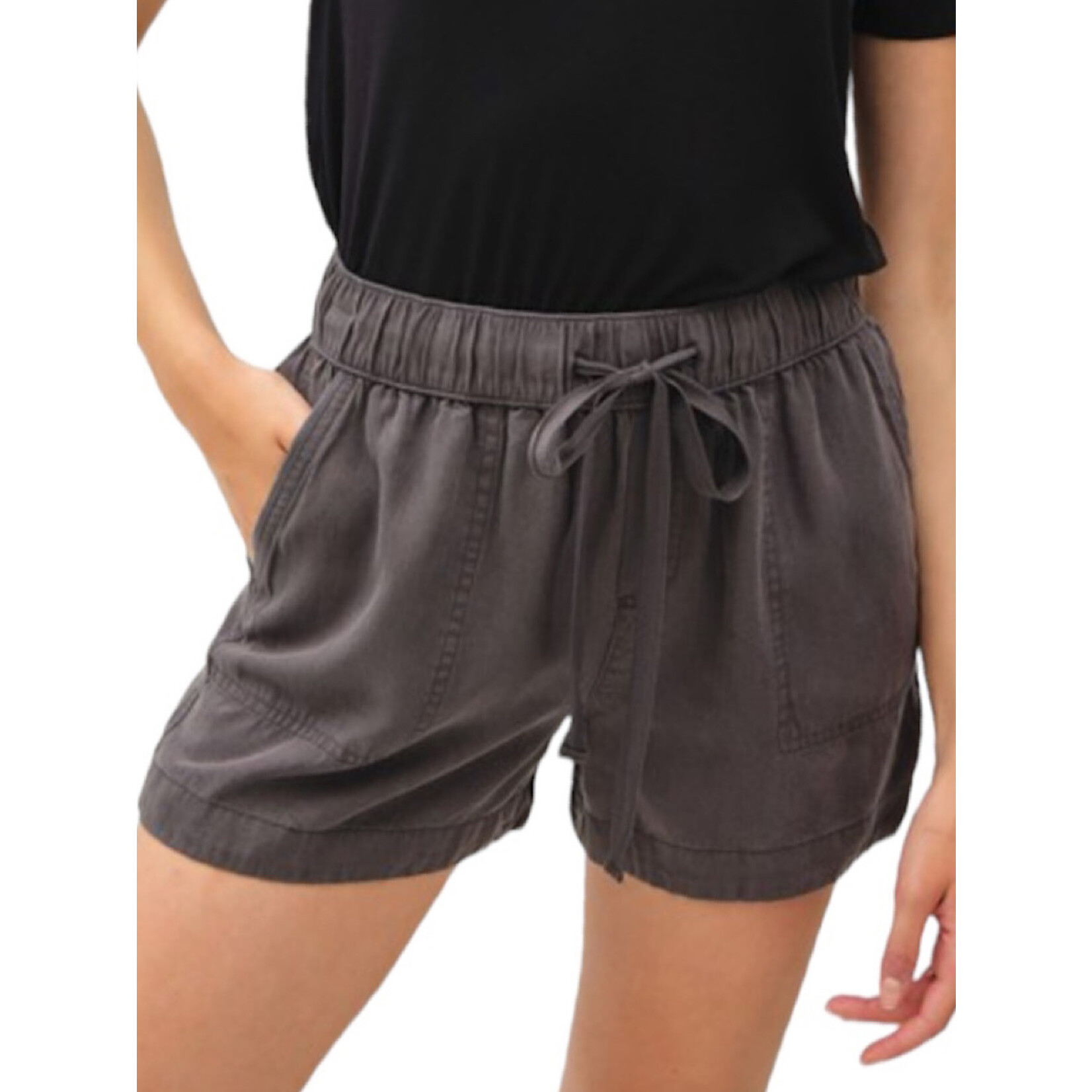 Charcoal High Rise Tencel Shorts with Drawstring Waist