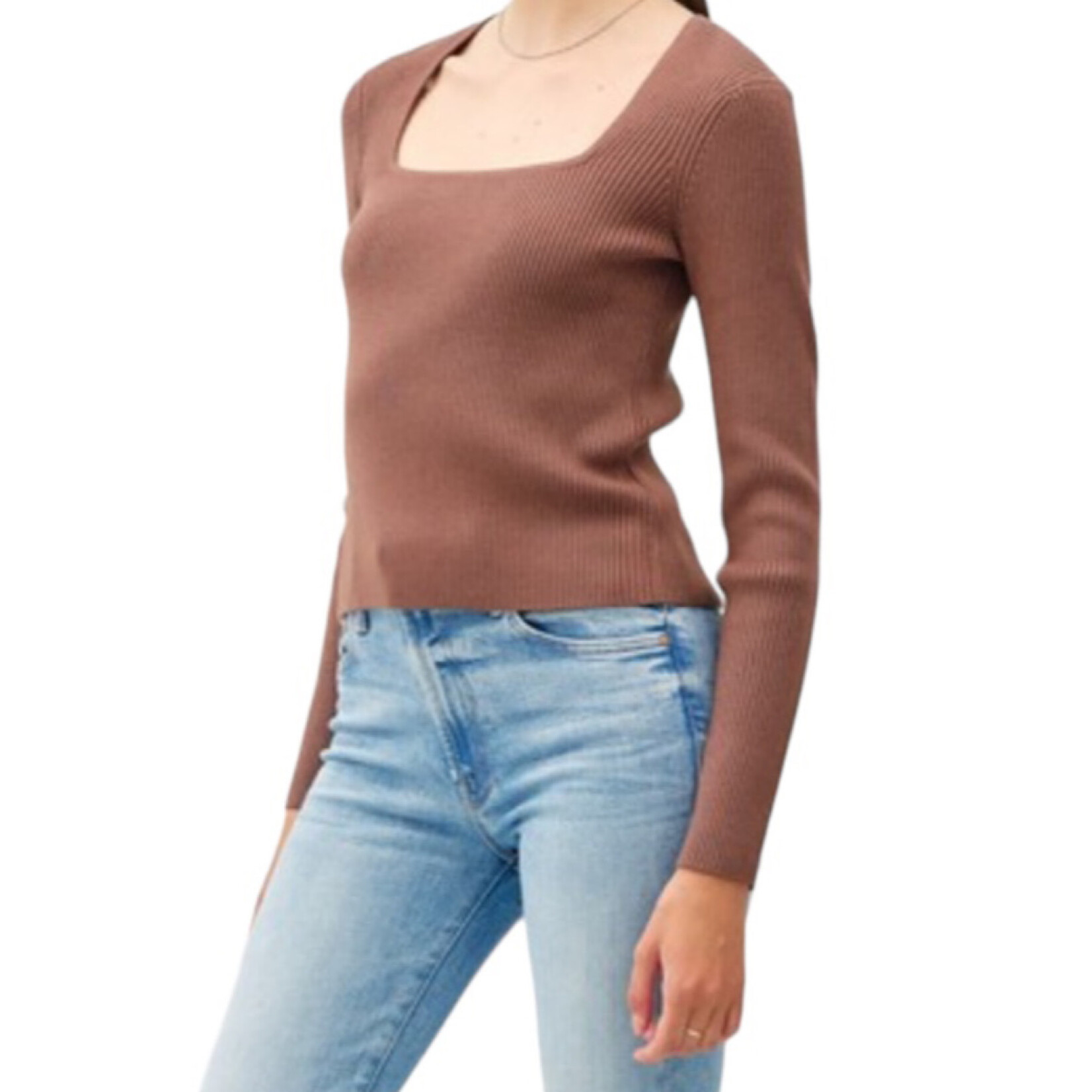 Cocoa Square Neck Long Sleeve Ribbed Knit Top