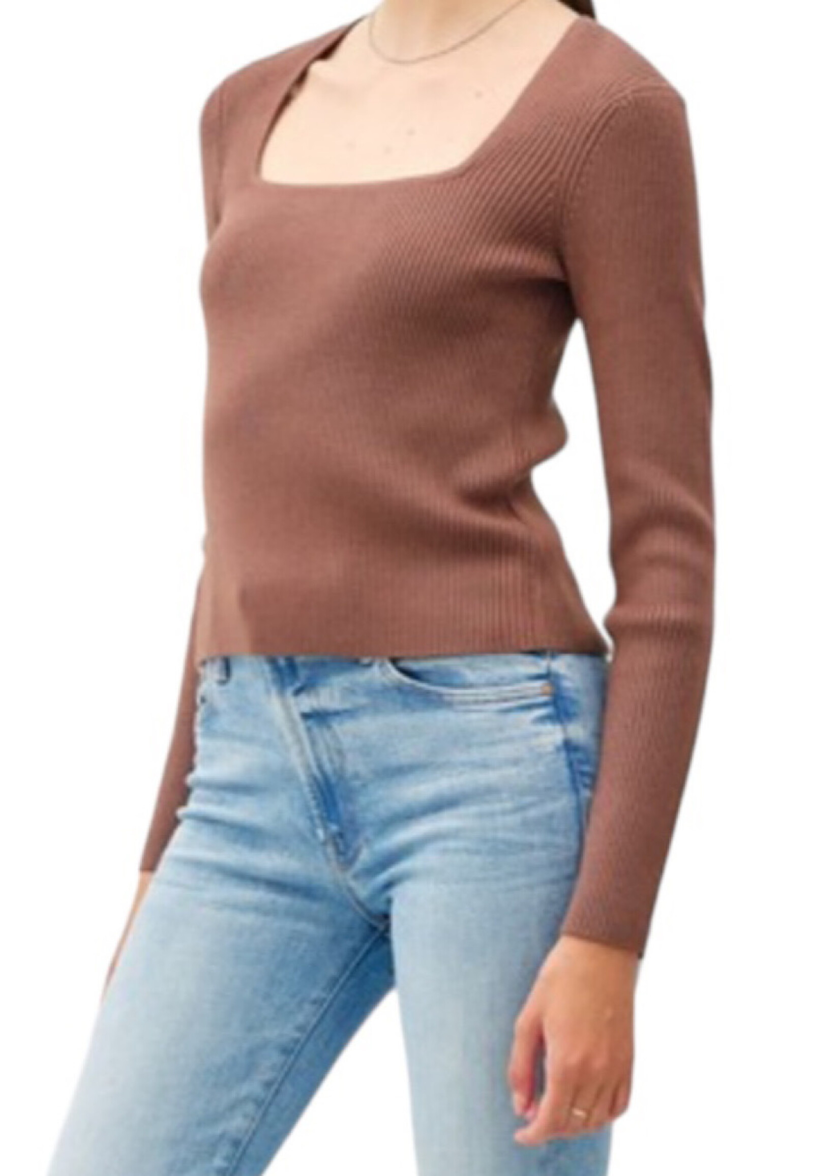 Cocoa Square Neck Long Sleeve Ribbed Knit Top